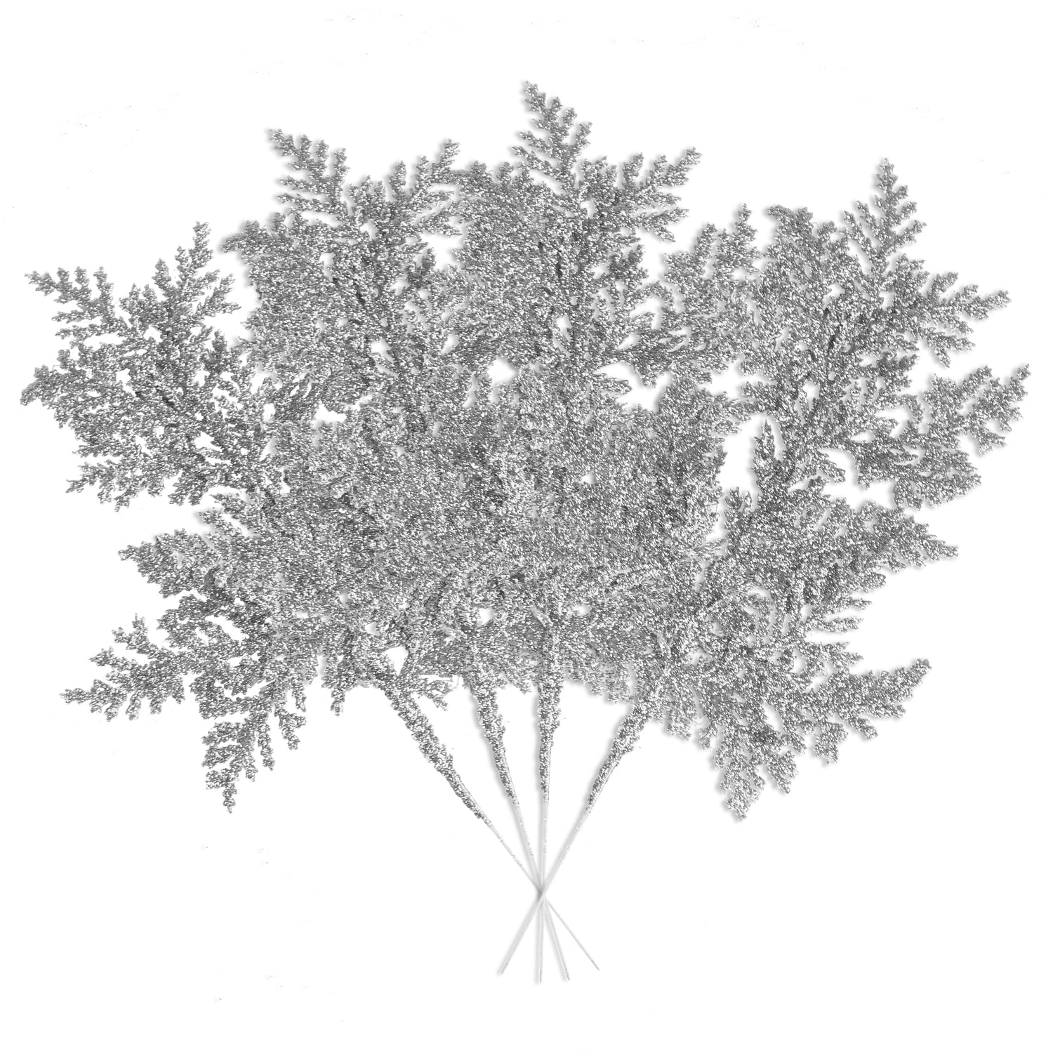 Veylin Silver 10 Pcs Artificial Christmas Leaves Picks, Sliver Glitter Branches For Xmas Tree Wreath Festival Decoration
