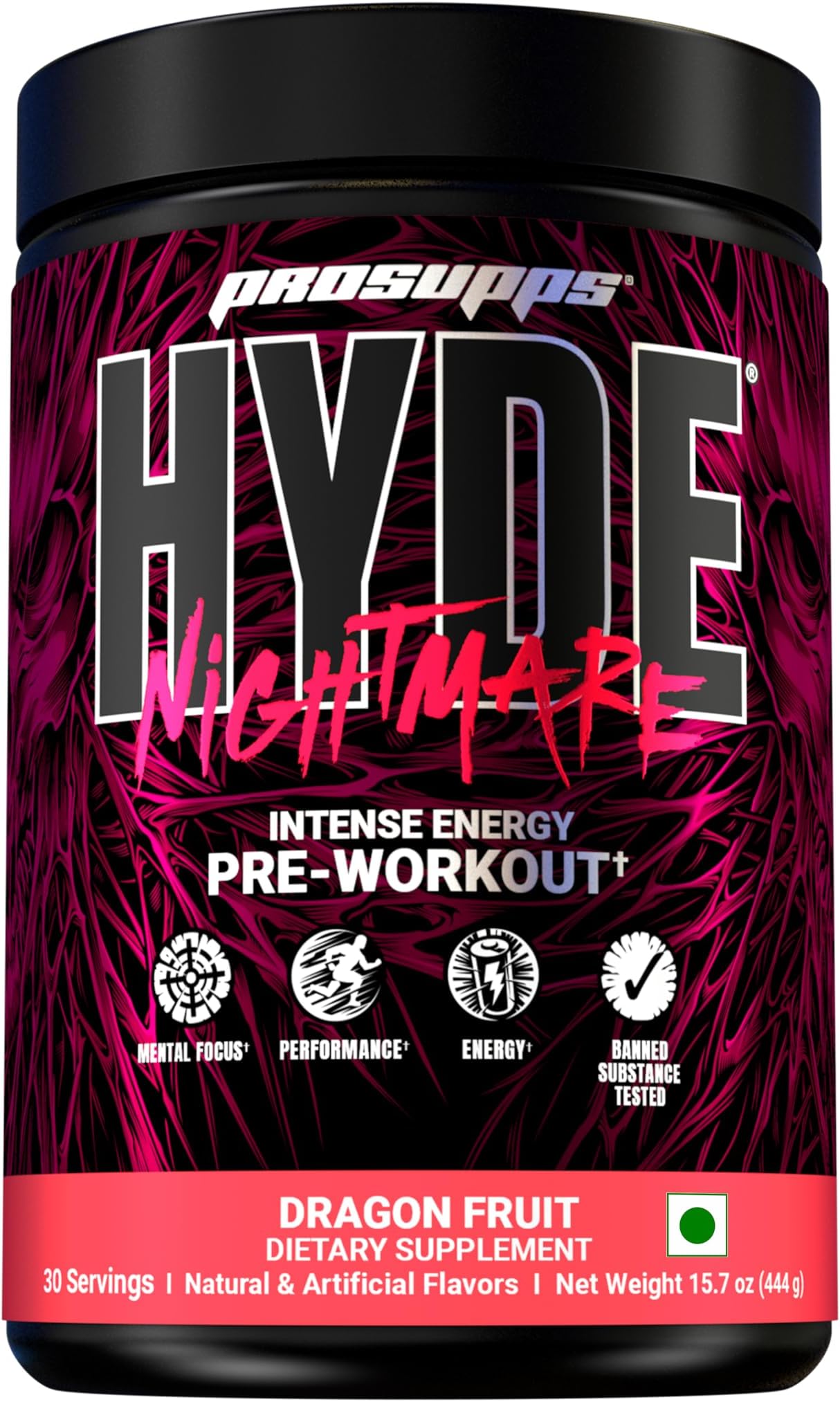 Hyde Nightmare Hydrating Pre Workout Supplement | Energy Drink Powder for Focus and Stamina | Pre Workout for Men, Women | Beta-Alanine, L-Citrulline, Caffeine | 399g 30 Servings (Dragon Fruit)