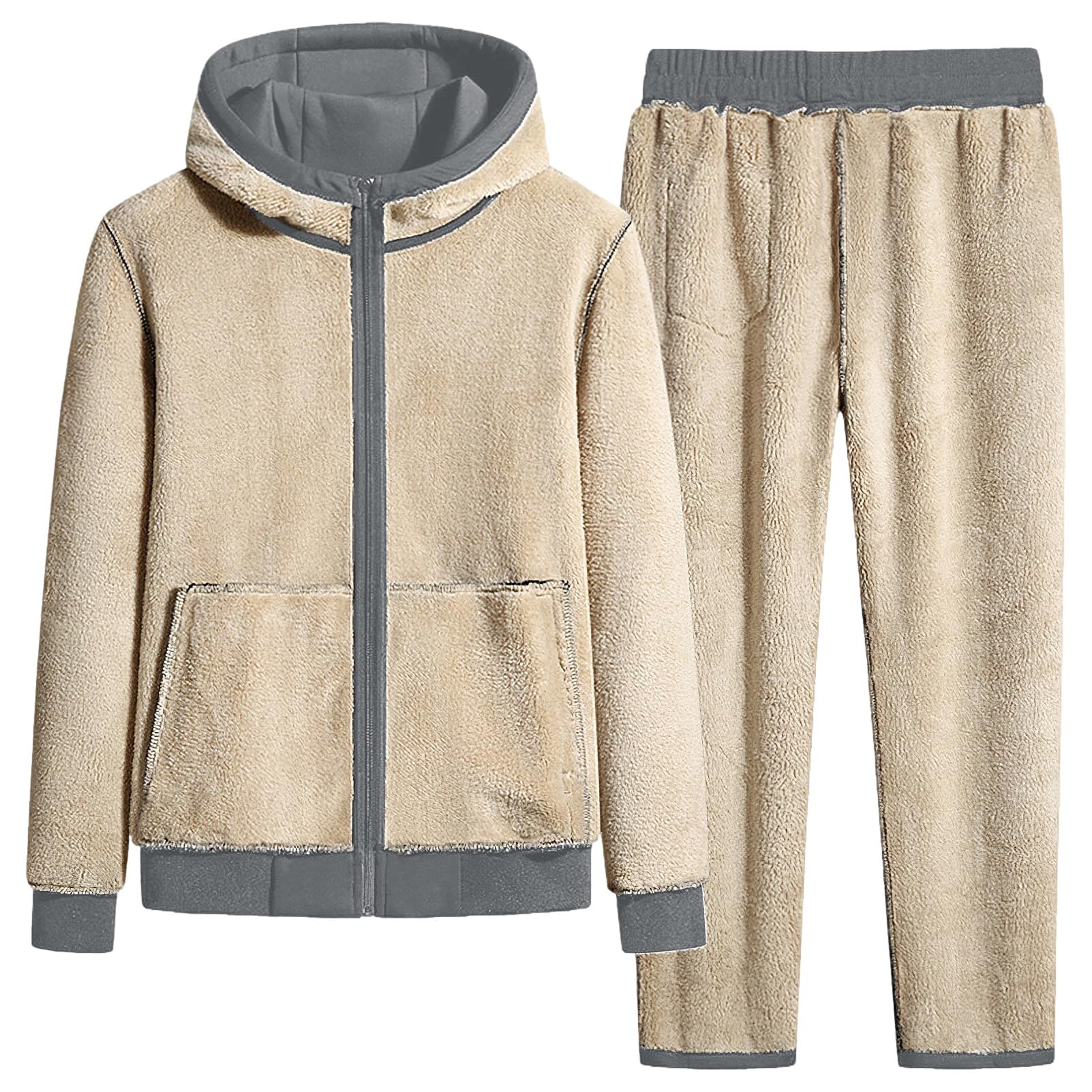 Hombre Invierno Conjunto de Chándal de Algodón con Forro Polar Chaqueta con Capucha y Pantalones Deportivos con Bolsillos con Cremallera