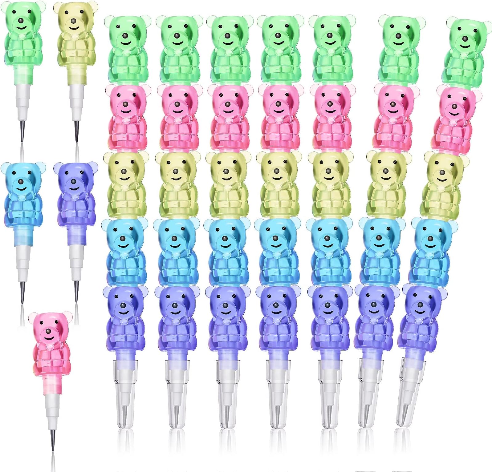 Chinco 100 Pieces Stackable Plastic Bear Pencils Stacking Point Pencils 5 in 1 Colored Party Favors for Birthday Party Supplies Goodie Bag Filler Fun Equipment