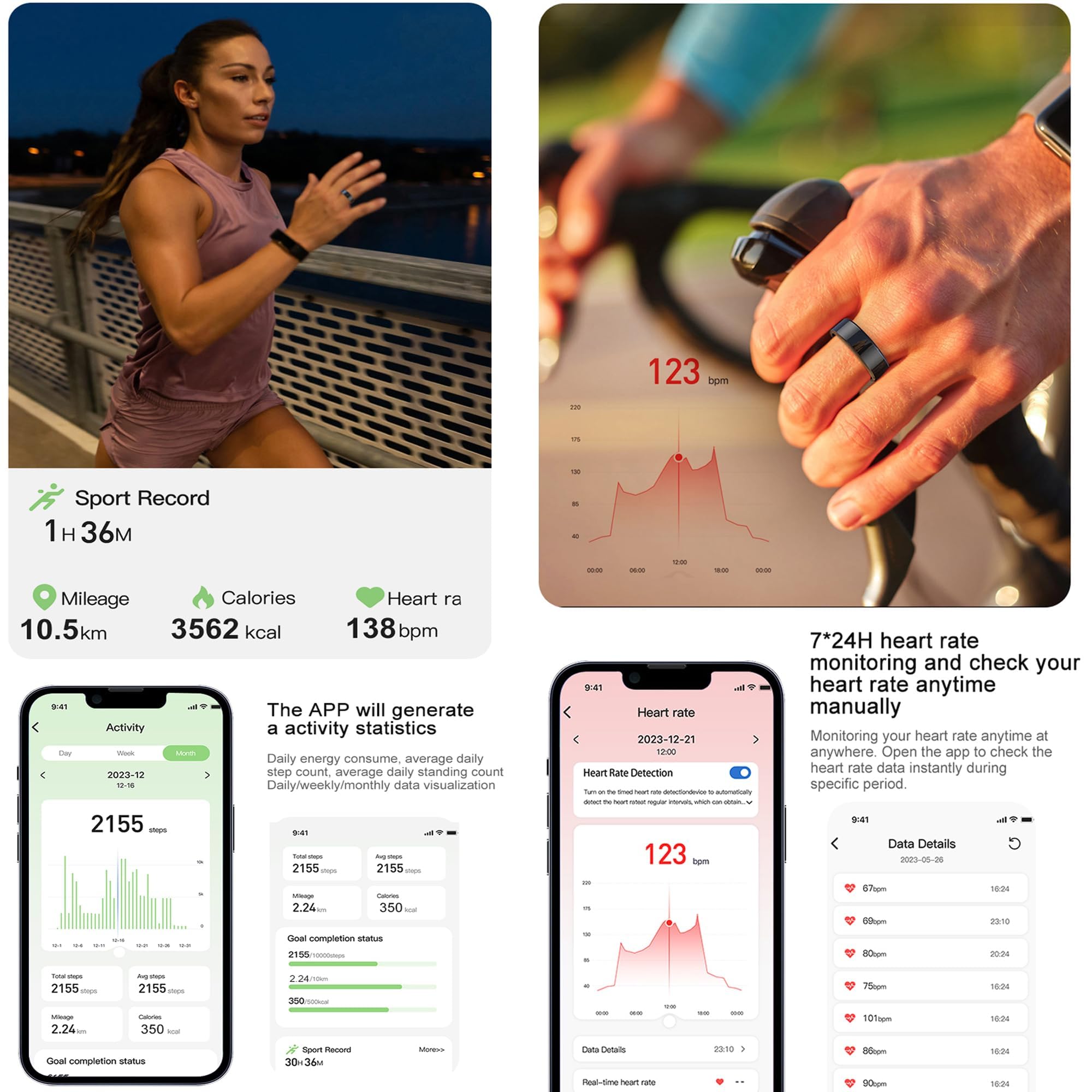 Anillo inteligente con monitor de frecuencia cardíaca, rastreador de sueño, anillo de salud, oxígeno en sangre, podómetro, calorías, contador de pasos, anillos de fitness, anillos inteligentes
