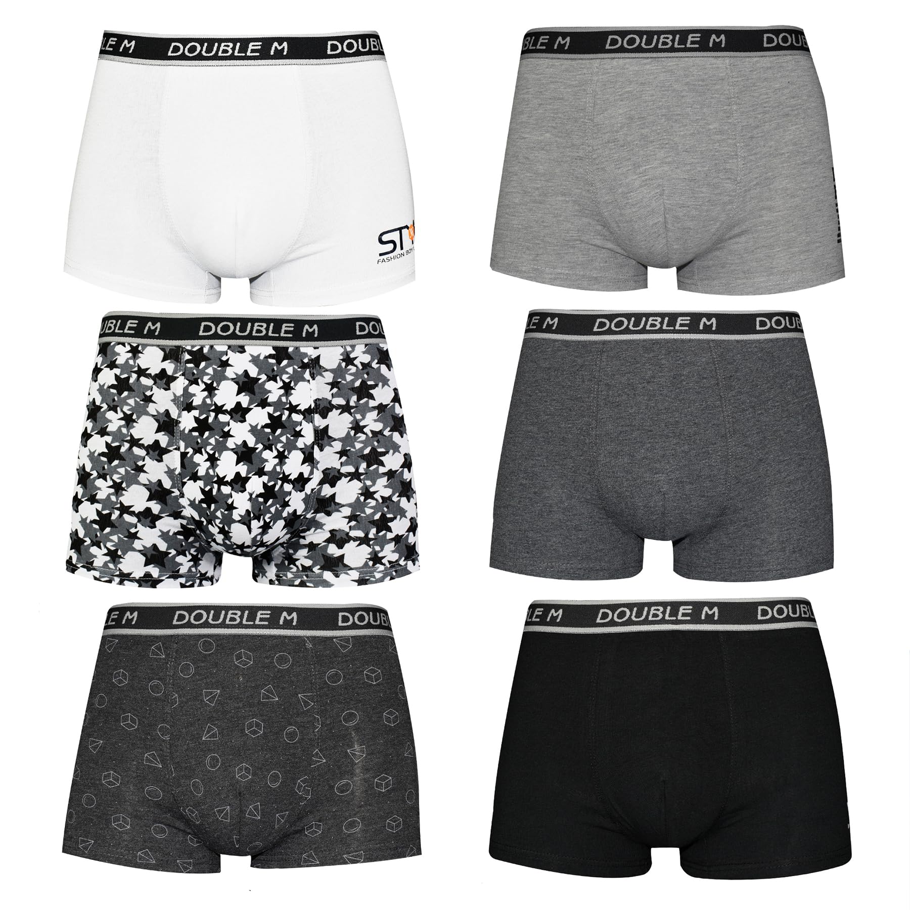 DOUBLE M, Pack de 6 Calzoncillos Juveniles en Algodón, Talla 14 Años, Ropa Interior Juvenil, Bóxer para Adolescente, Variedad de Estilos, Calzoncillos Suaves y Transpirables, Bóxer Elástico y Cómodo