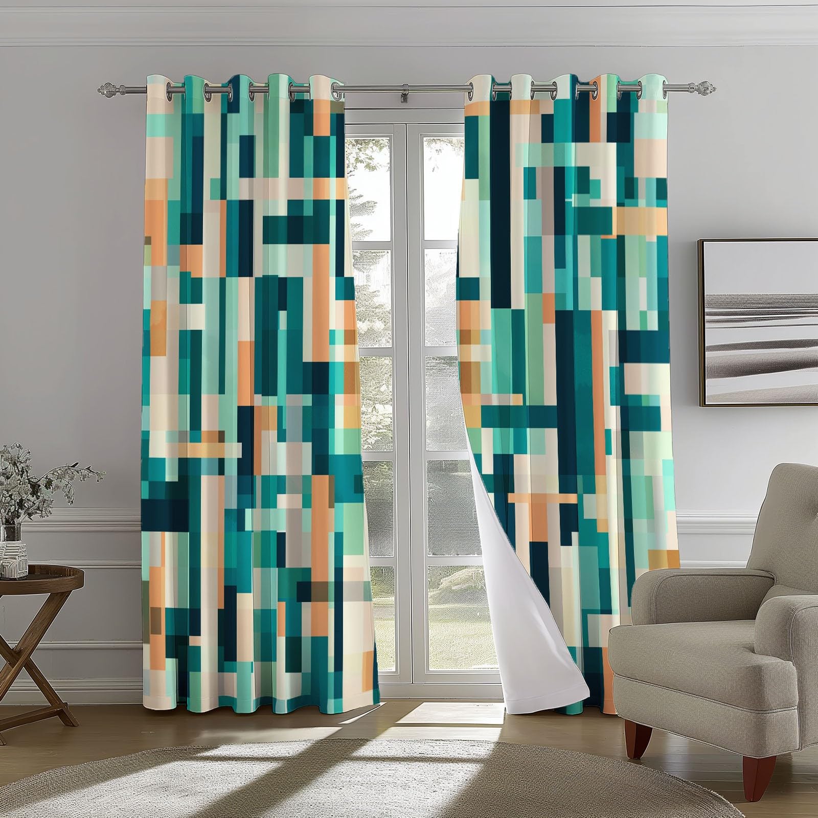 DécorationGéométrie Abstraite Carrés, Rideaux Longs140L X 260H cm (2 Panneaux), Tissu Occultant Gris Clair pour Baie VitréeSarcelle