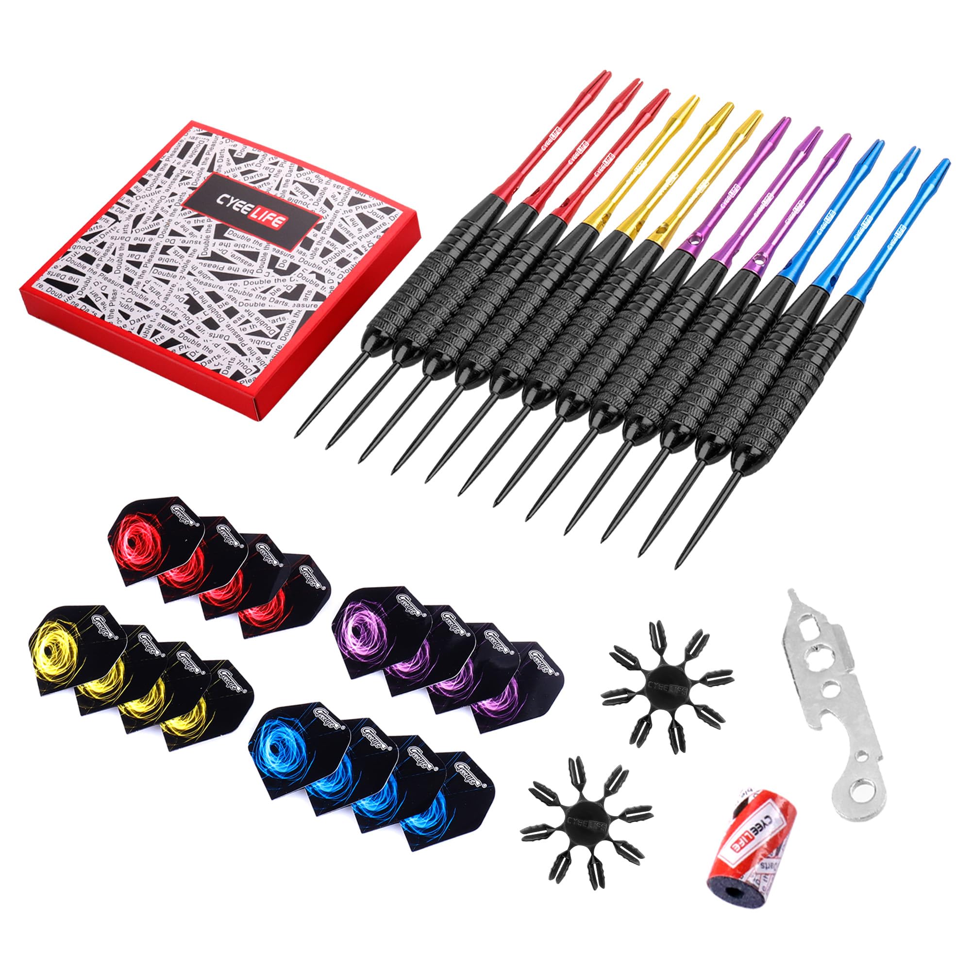 CyeeLife Juego de Dardos de Punta de Acero de 22/28 g con cañas de Aluminio (4 Colores) + 16 Protectores y vuelos + sacapuntas + Herramienta, 12 Paquetes (4 Juegos) para 4 Principiantes — view 3