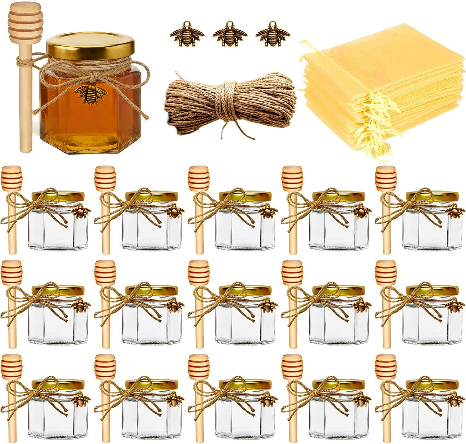 Adabocute Honey Pot 2oz, Mini Glass Honey Jars with Wood Dipper, Gold Lid, Bee Pendants, Beige Gift Bags, Thank-you Tags, Ideal for Baby Showers Favors Wedding Favors, 15 Pack