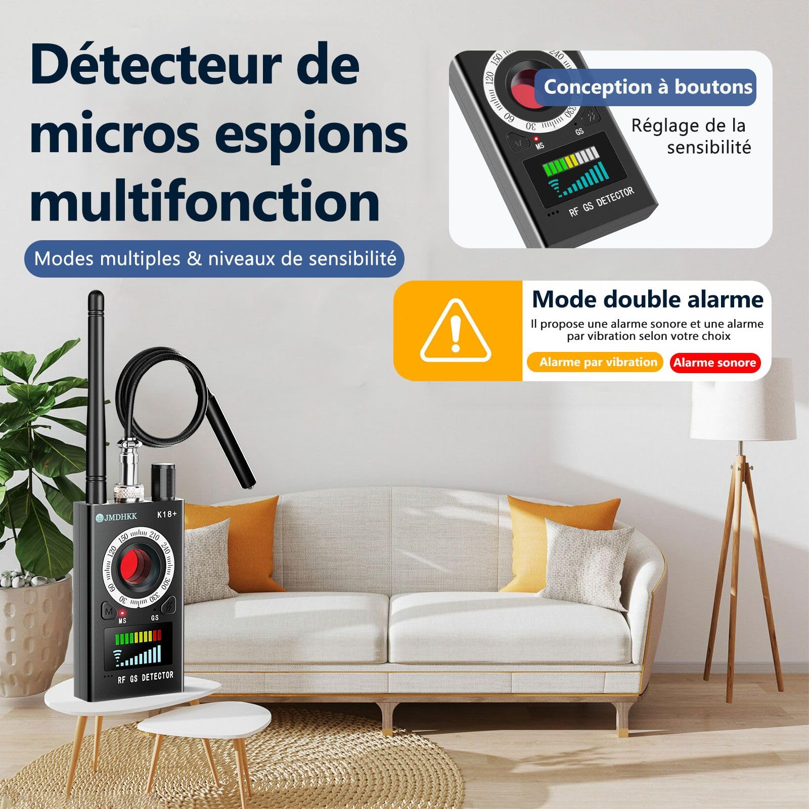 JMDHKK K18+ Détecteur de Signaux RF avec Détection Magnétique et Optique des Lentilles – Appareil de Protection de la Vie Privée pour Maison, Bureau, Hôtel et Voyage (Noir)