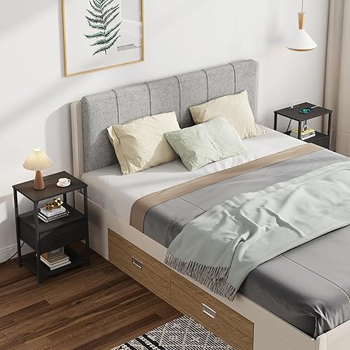 Miniatura 5 de TUTOTAK Juego de 2 mesitas de noche, mesita de noche con estación de carga, mesa auxiliar, mesita de noche con cajón de tela, mesa auxiliar para