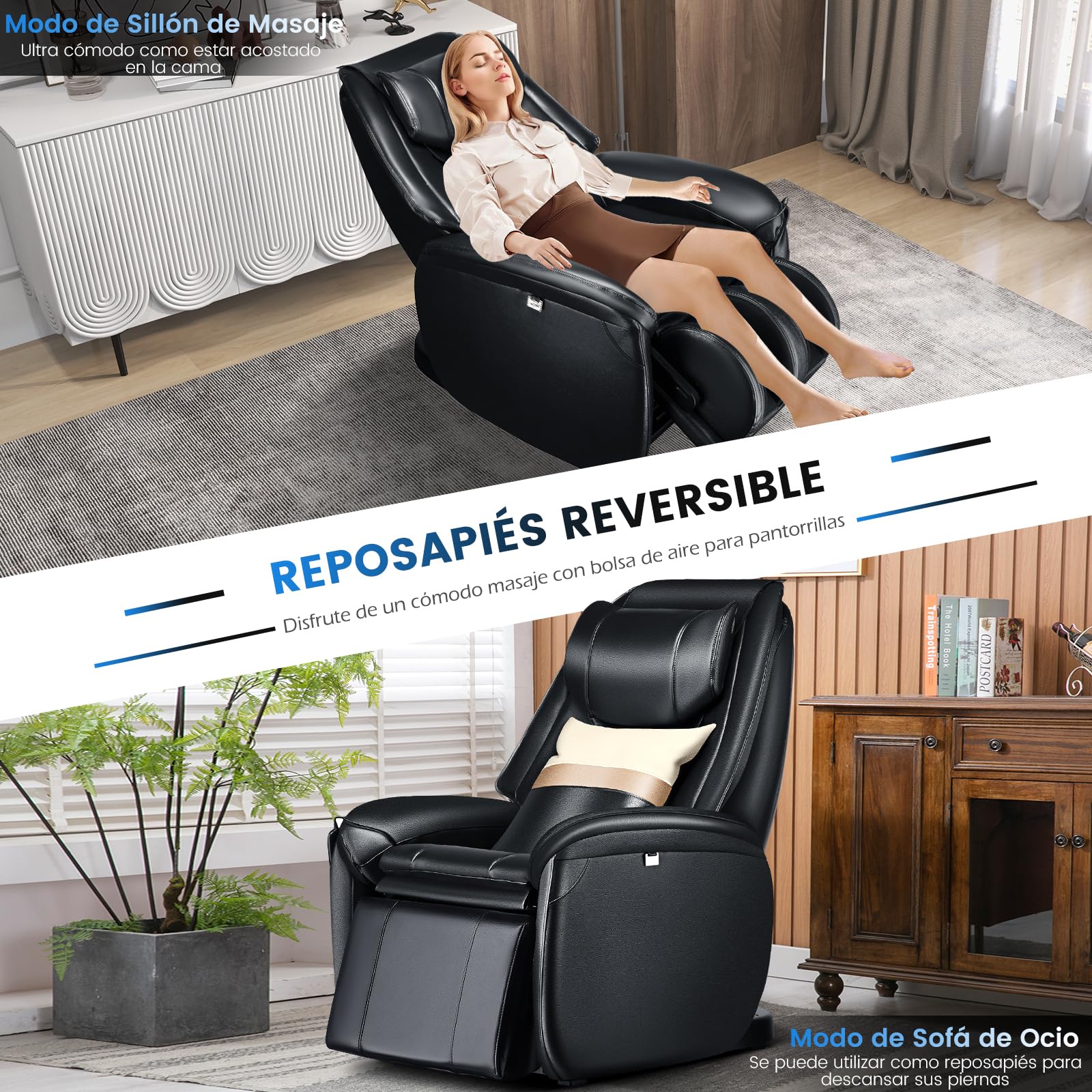 GOPLUS Sillón de Masaje de Pista SL, Reclinable de Cuerpo Completo con Gravedad Cero y Calentador de Cintura, Detección Automática de Hombros, Control Remoto, Ruedas y Almohada (Negro)