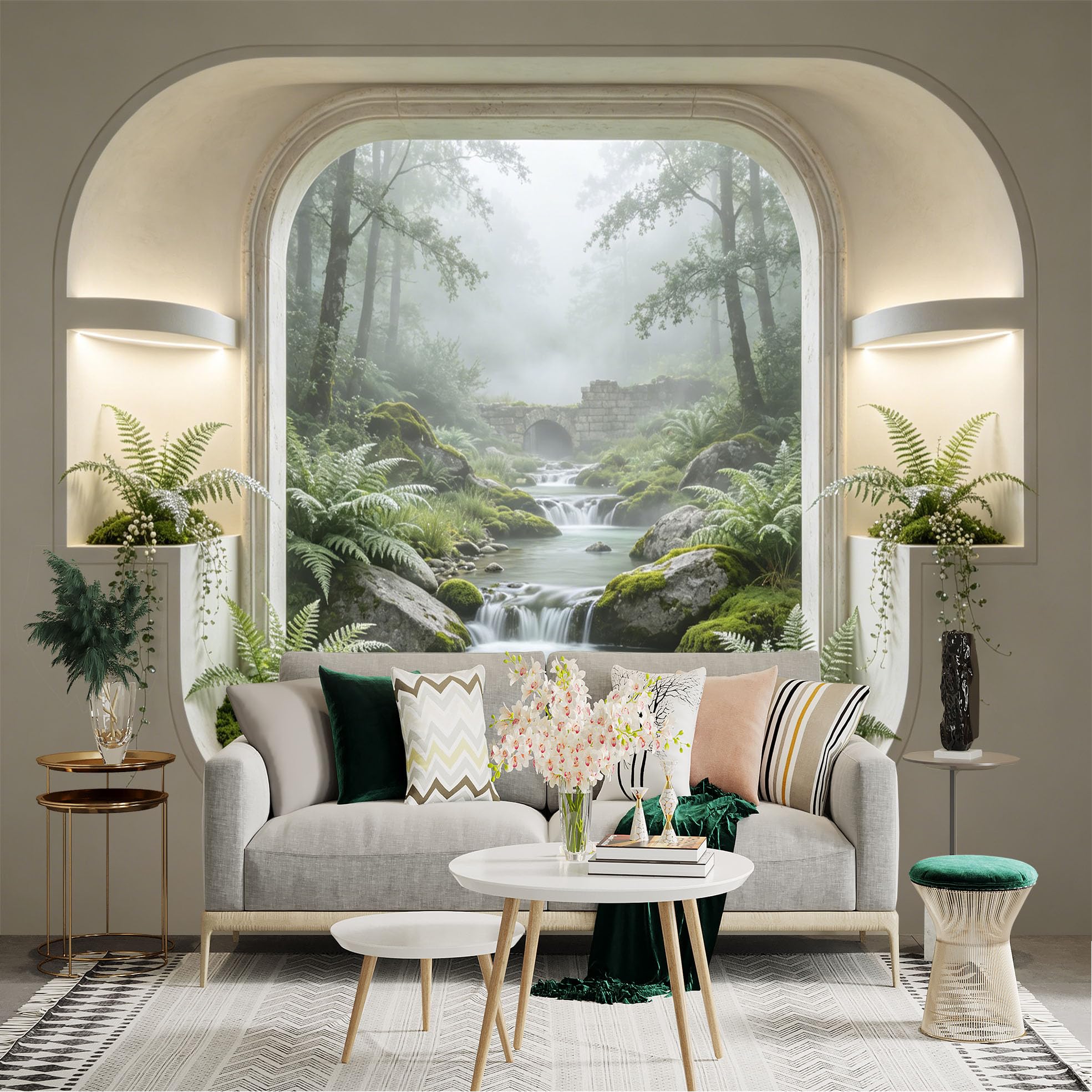 Lnzczhyre Dbh260521063 Custom Size Wall Sticker Mural， Misty Forest Landscape， Stone Bridge Over River， Lush Ferns And Mossy Rocks， For Wall Decoration， Peelandstick Wall Decals.