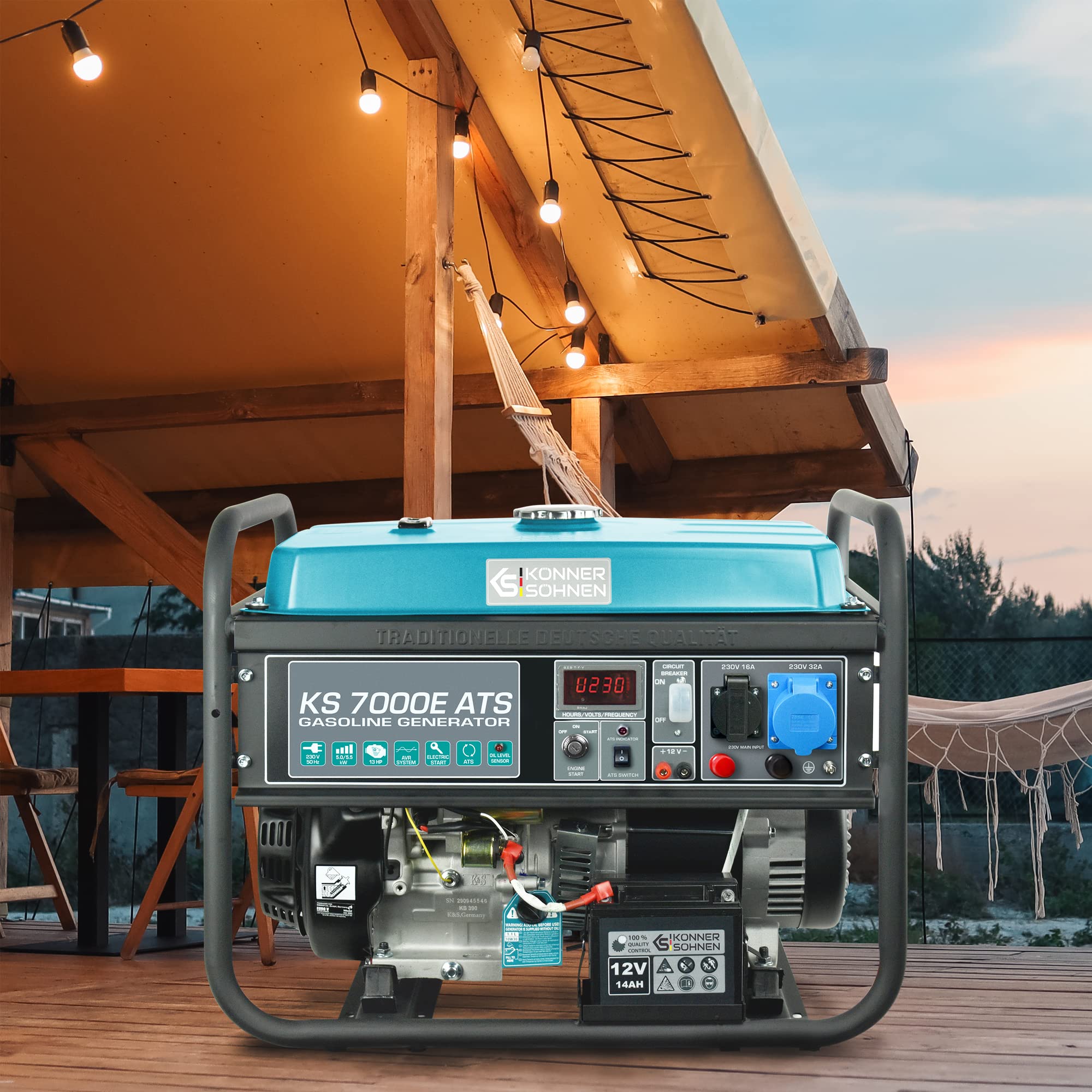 Könner & Söhnen KS 7000E ATS - 4-Takt Benzin Stromerzeuger 13 PS mit E-Start, Notstromautomatik, 1x16A, 1x32A (230V), Automatischer Spannungsregler, Anzeige, Generator für Haus, Garage, Werkstatt