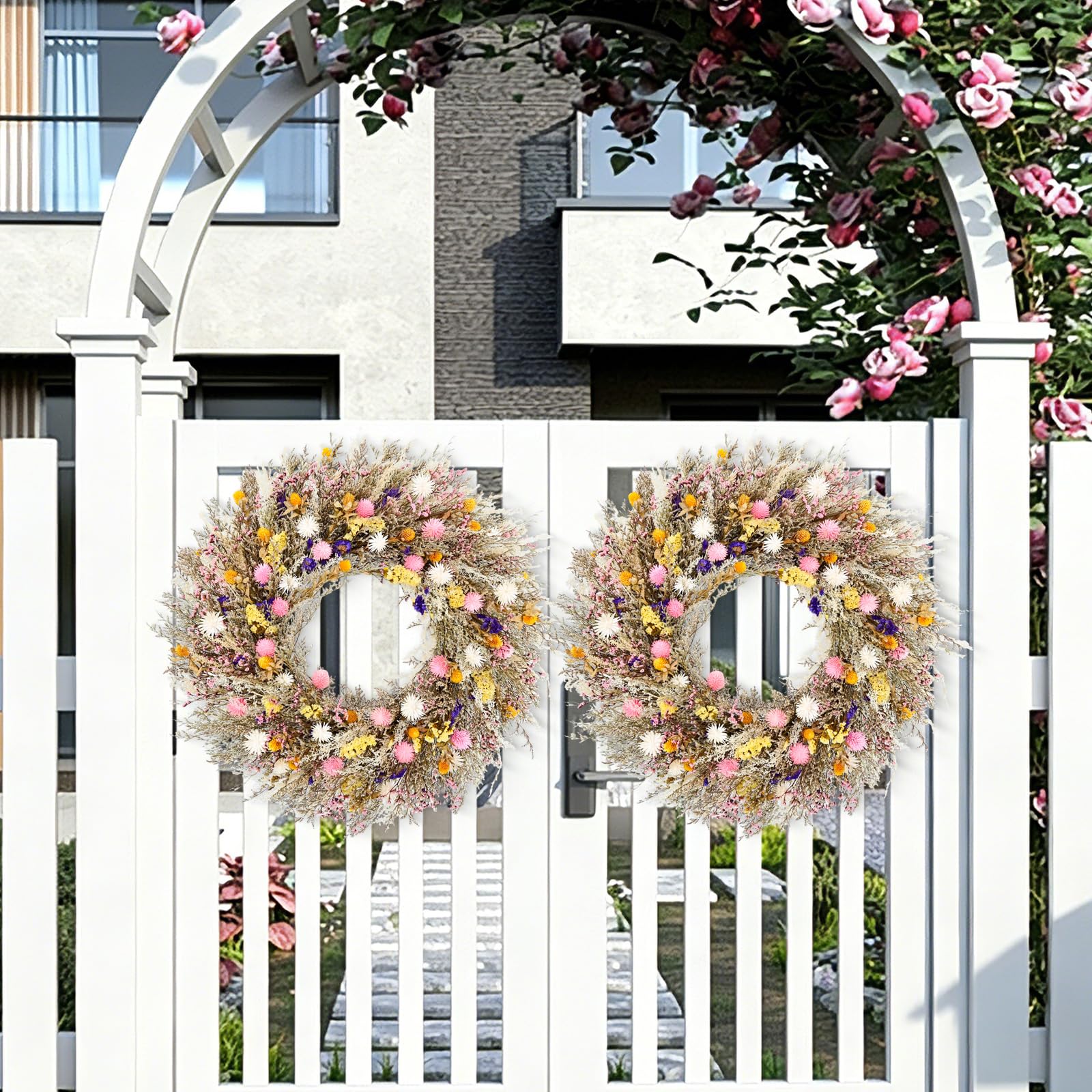 Ghirlanda di fiori conservata da 66 cm, realizzata a mano, con fiori rosa, bianchi, gialli e viola, decorazione rustica in stile bohémien, per porta d'ingresso, parete e matrimonio