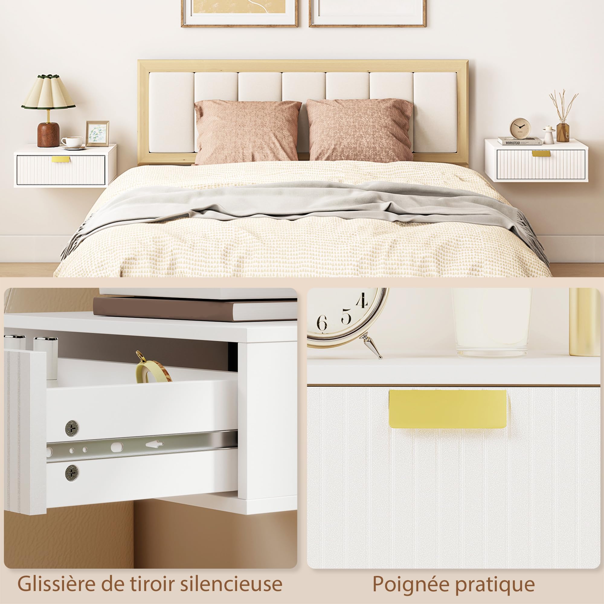 HOMCOM Lot de 2 Tables de Chevet murales, Tables de Nuit suspendues avec tiroir ondulé, Style Moderne, pour Chambre à Coucher, Salon, 40 x 30 x 15 cm, Blanc