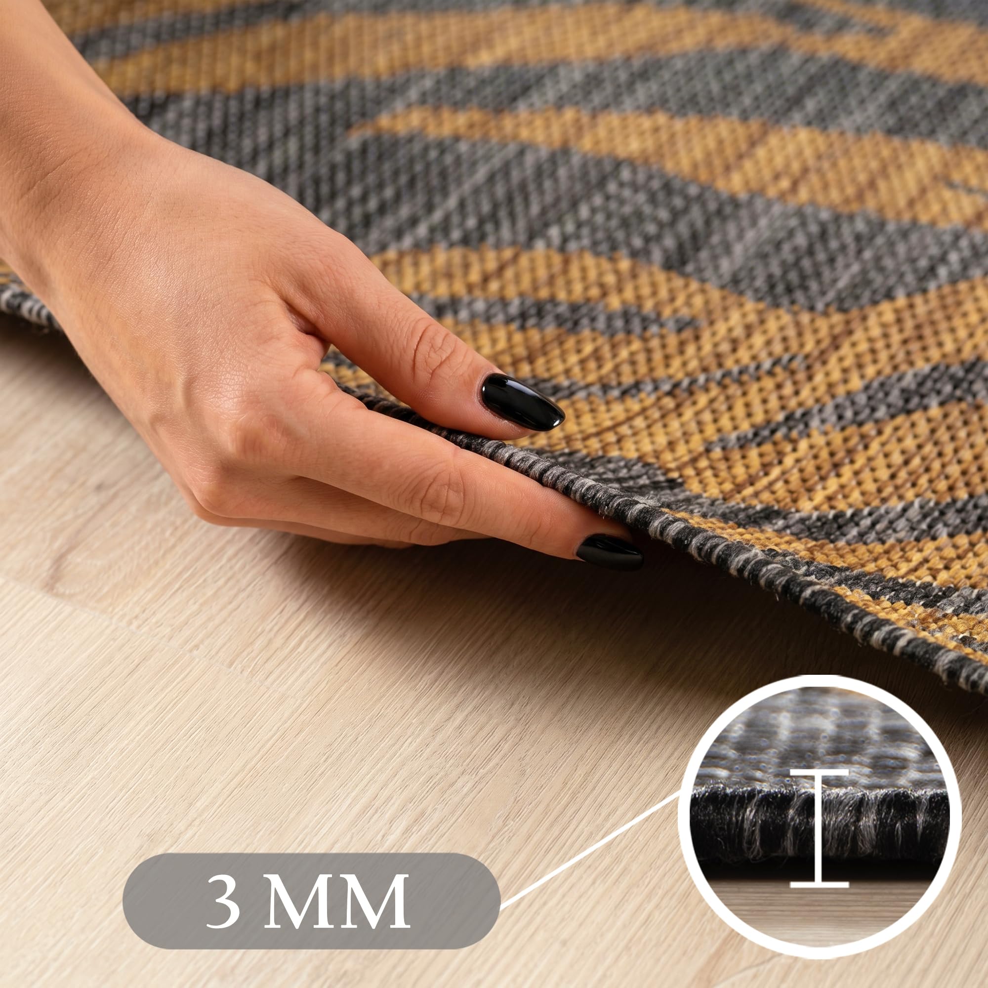 HomebyHome Tapis Extérieur Noir Effet Jute 200x280 cm Balcon Terrasse Jardin Résistant UV Grand XL Motif Palmier Tissage Plat