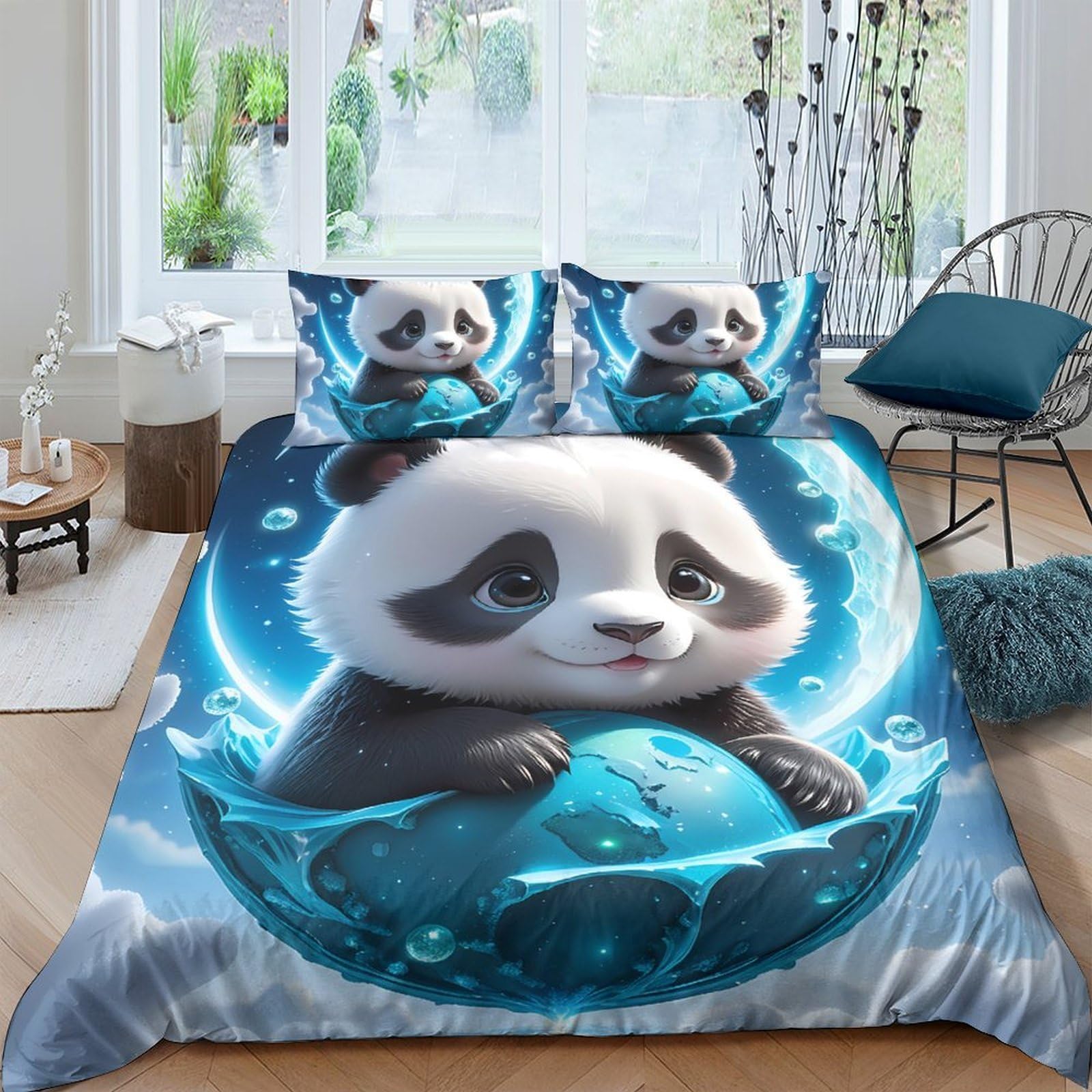 Ctjqhvkz Style-8 3D Printed Cute Panda Fitted Sheet Microfiber Soft Breathable Blue Cartoon Bed Sheet For Bedroom Guest Room Decor Single（135X200cm）
