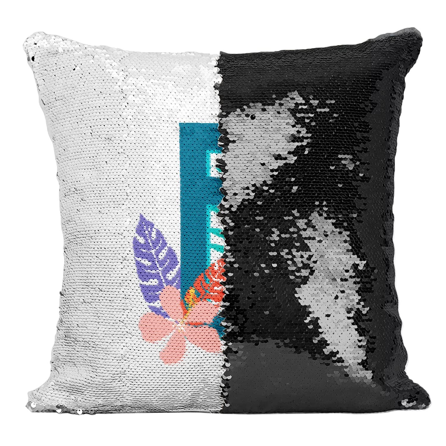 Coussin housse sequin noir et blanc Brigitte avec motifs de fleurs exotiques