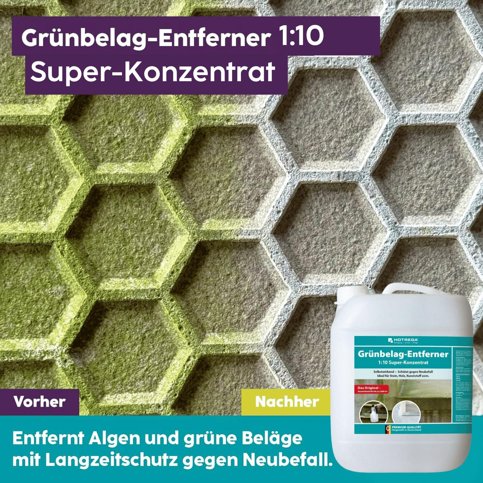 HOTREGA Grünbelagentferner 1:10 Super-Konzentrat 10 Liter | Entfernt Algen & Grünbeläge von Stein, Holz, Kunststoff und Keramik | Säure- und chlorfrei
