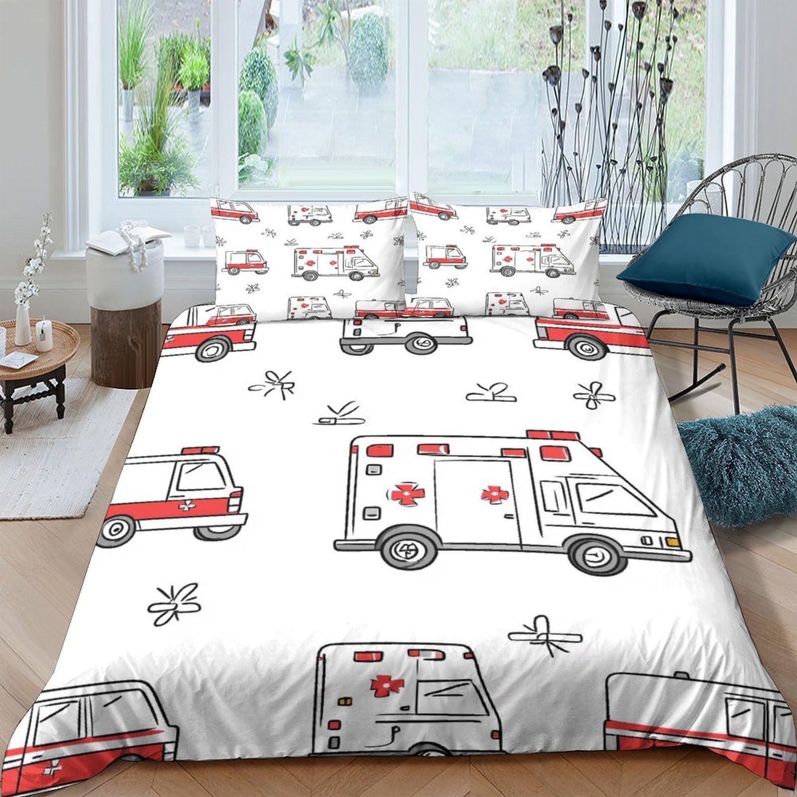 Ctjqhvkz Style-6 3D Printed Ambulance Cartoon Fitted Sheet Microfiber Anti-Slip Machine Washable Bed Cover Bedroom Dorm Decor Single（135X200cm）