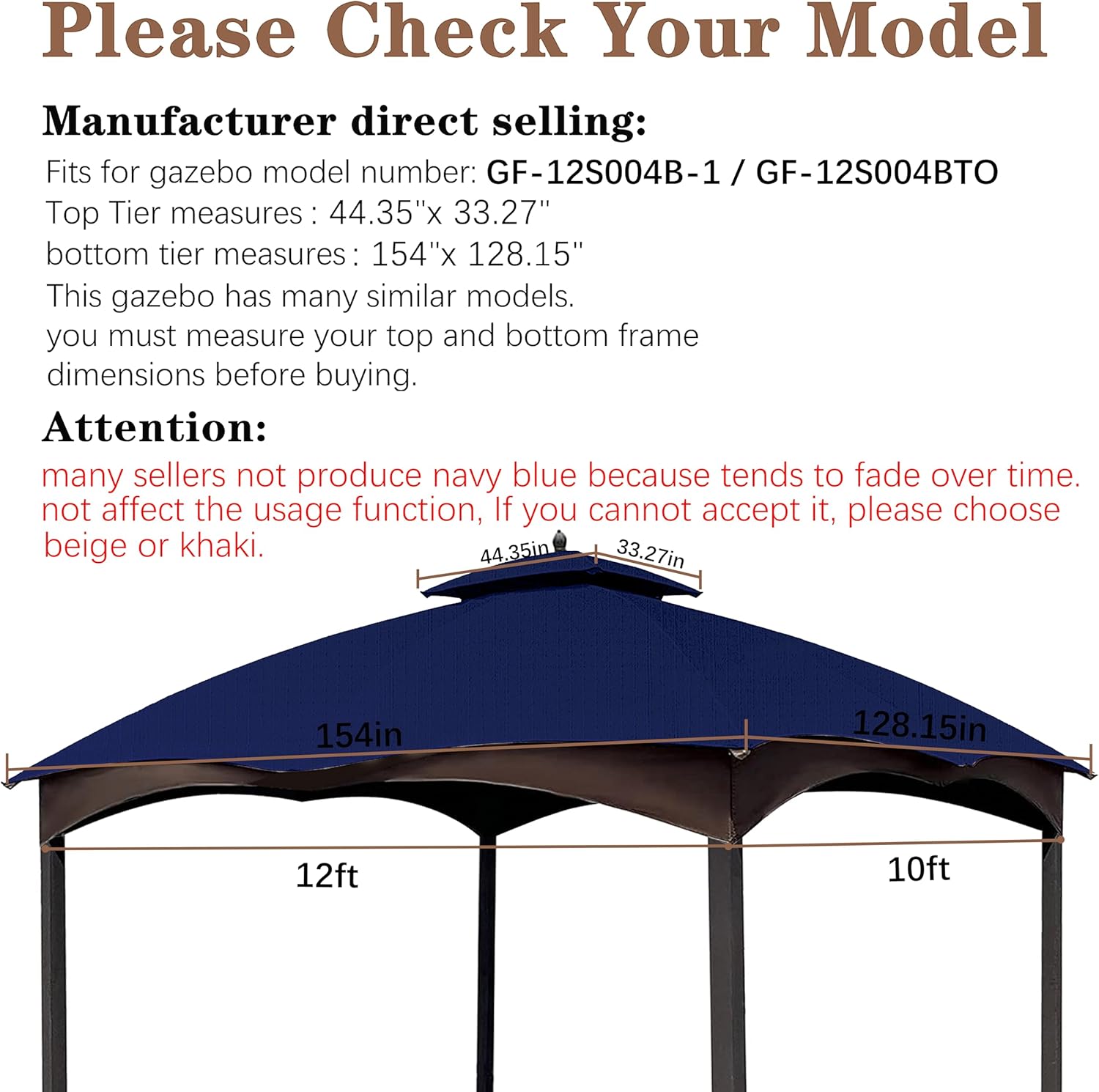 SCOCANOPY Ripstop Replacement Top Compatible with Lowe's Allen Roth 10X12 Gazebo Model #GF-12S004B-1/ GF-12S004BTO/TPGAZ17-002C，(Navy Blue)