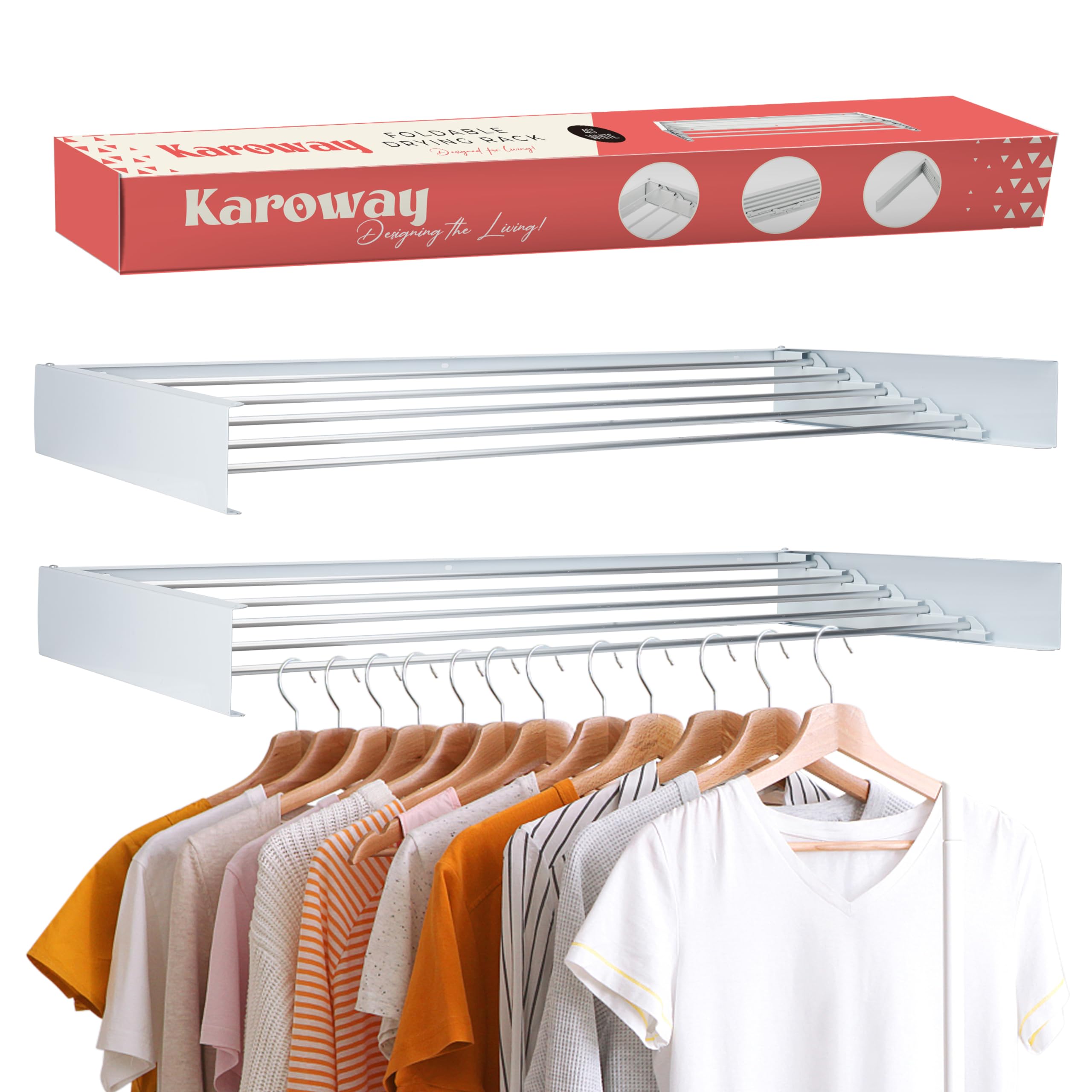 Wall Mounted Clothes Drying Rack - White - 40" Collapsible Laundry Drying Rack for Heavy Use (60 lbs), Folding Dryer Rack for Indoors, Foldable & Retractable Space Saving Clothing Hanger