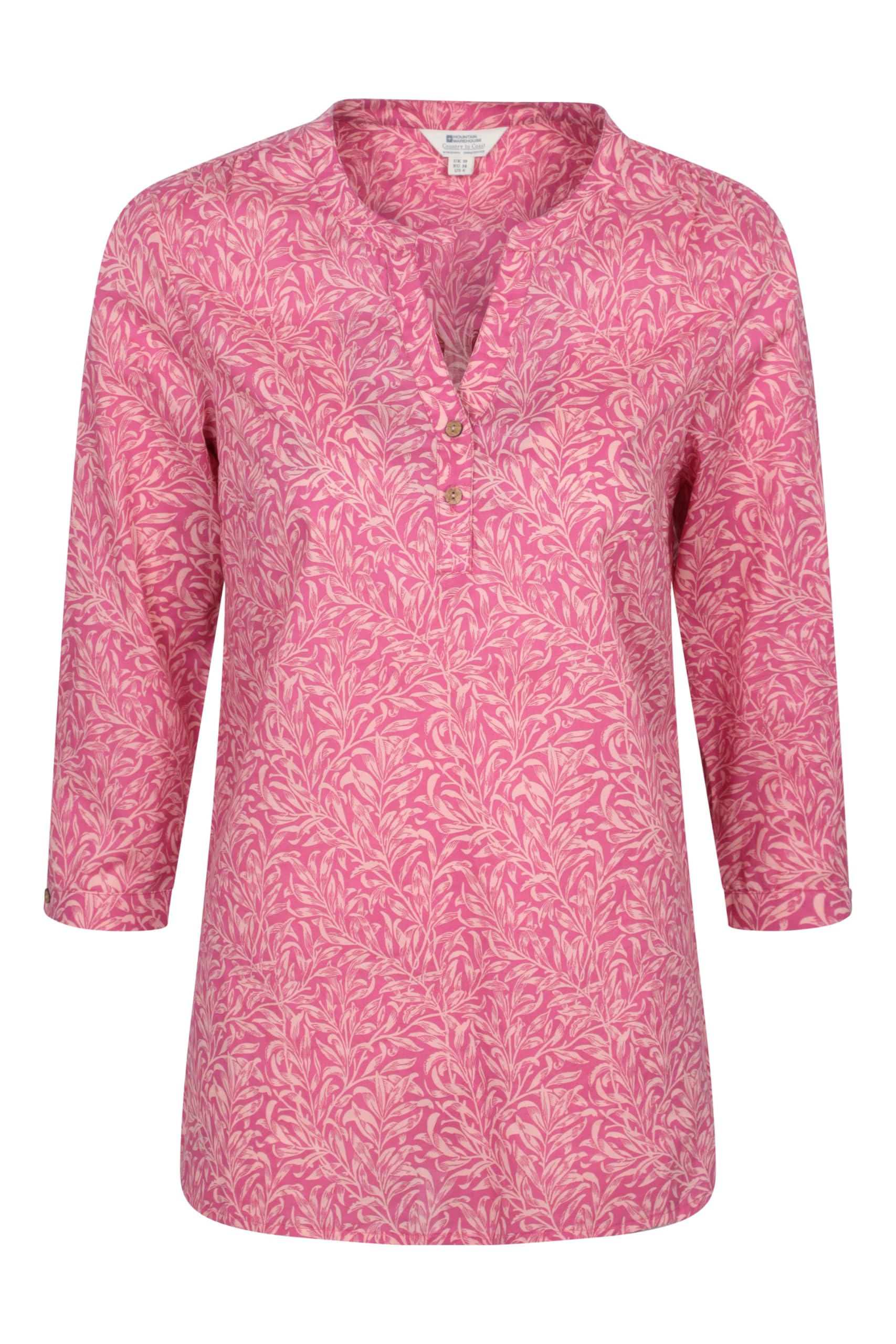 Mountain Warehouse Women's Bright Pink (Printed) Petra Printed 3/4 Sleeve Shirt - Lightweight, Breathable & Relaxed Fit Cotton Tee Top - For Spring Summer, Outdoors, Holiday & Hiking 8