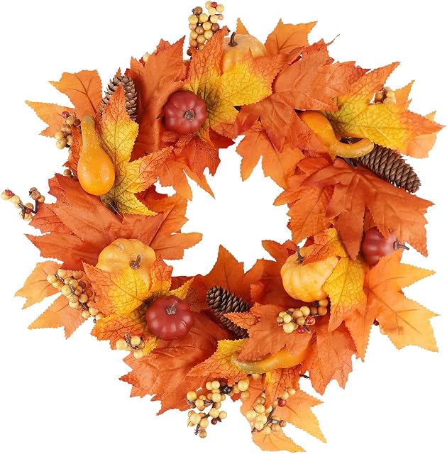 Ywlake 15 Inch Fall Wreath for Front Door Decoration, Autumn Wreath with Artificial Maple Leaf Harvest Pumpkins Pine Cone Wreath for Thanksgiving Indoor Fireplace Window Decor