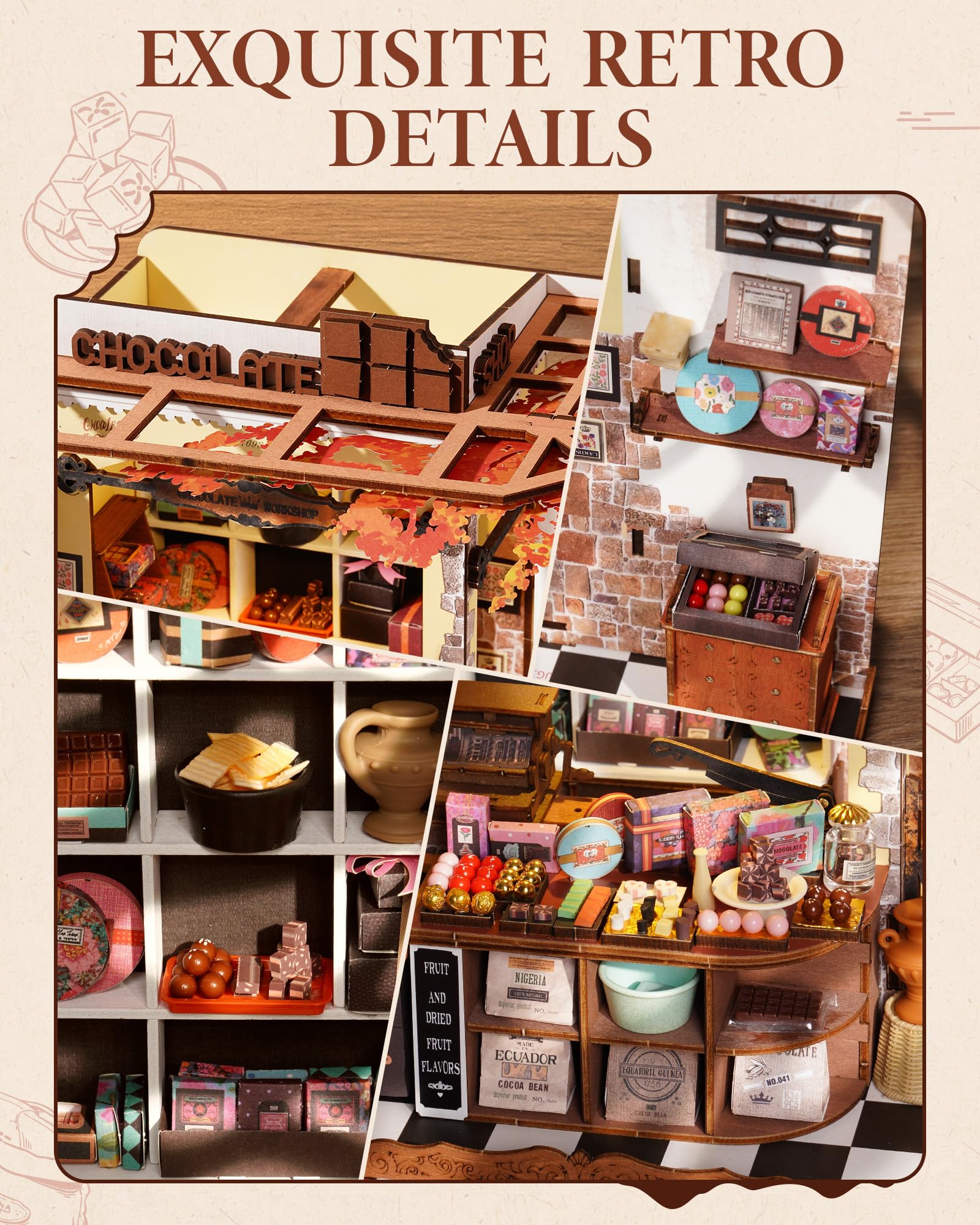 ROBOTIME DIY Miniature House Kit Henry's Chocolate, Wooden Dollhouse Model Building Kit With LED and Furniture - Image 3