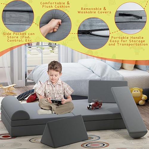 Miniatura 14 de Sofá modular de juego para niños, 10 piezas, sofá modular para niños pequeños y bebés, sofá de construcción de fortaleza para niños, sofá de juego