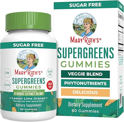 MaryRuth's Super Greens Gummies Sin azúcar Polvo súper verde en una gomita 8 gomitas verdes con una porción completa de verduras para adultos y