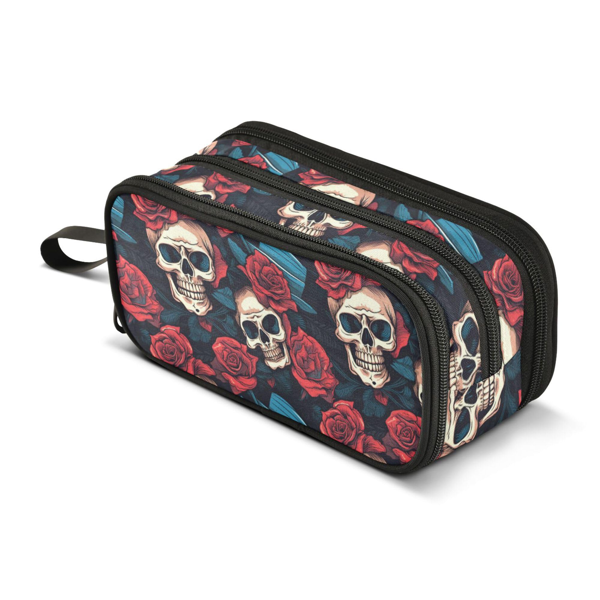 Large Pencil Case, Big Capacity Pencil Bag Pen Pouch Holder 3 Compartments,Gothic Skull and Flower Rose School Office Supplies Stationery Makeup Bag Storage Organizer for Students Girls Boys Women Men โ image 1