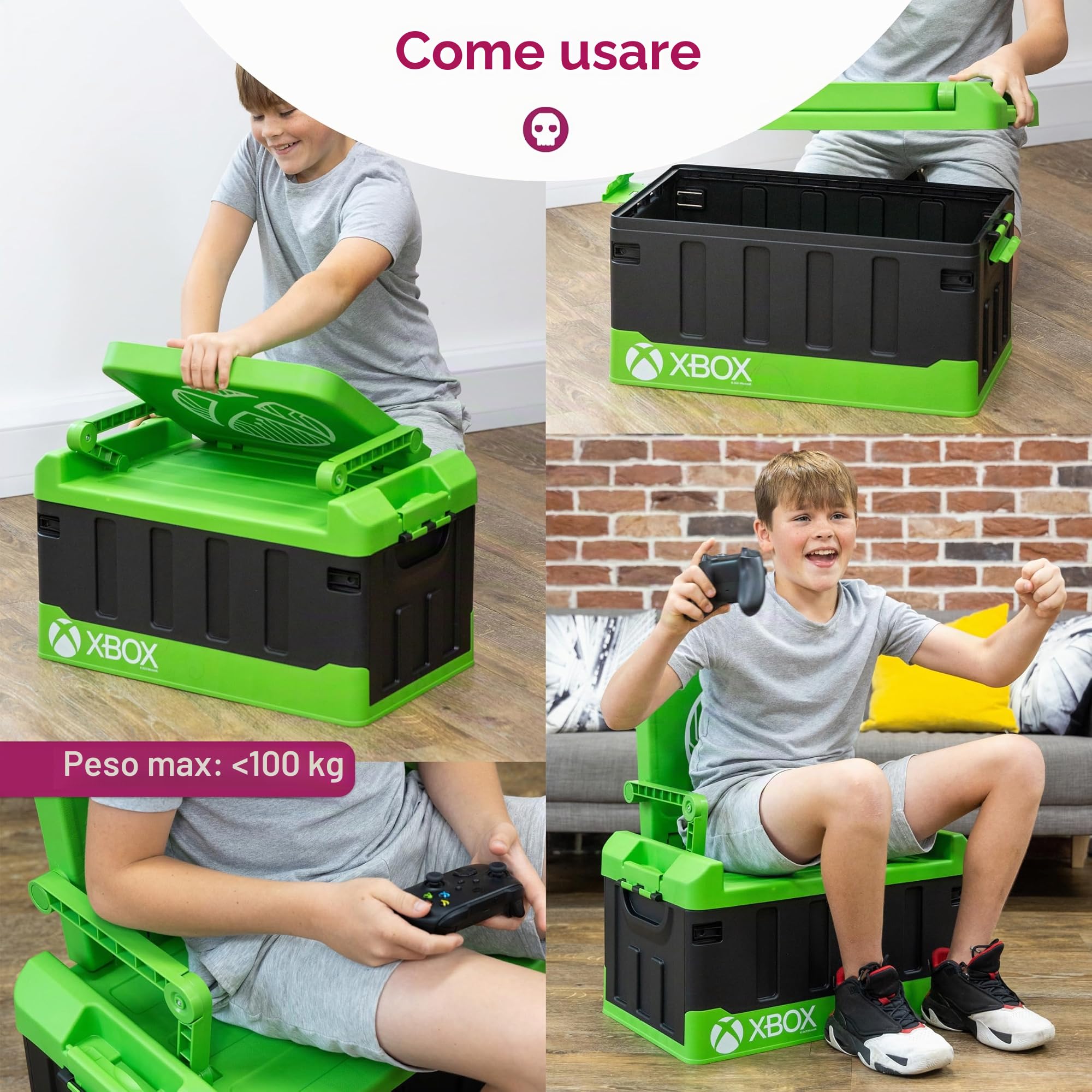 Numskull Xbox Scatola Portaoggetti 2-in-1 e Sedia Pieghevole – Organizzatore con Coperchio e Maniglie per Camerette – Merchandising Ufficiale Microsoft