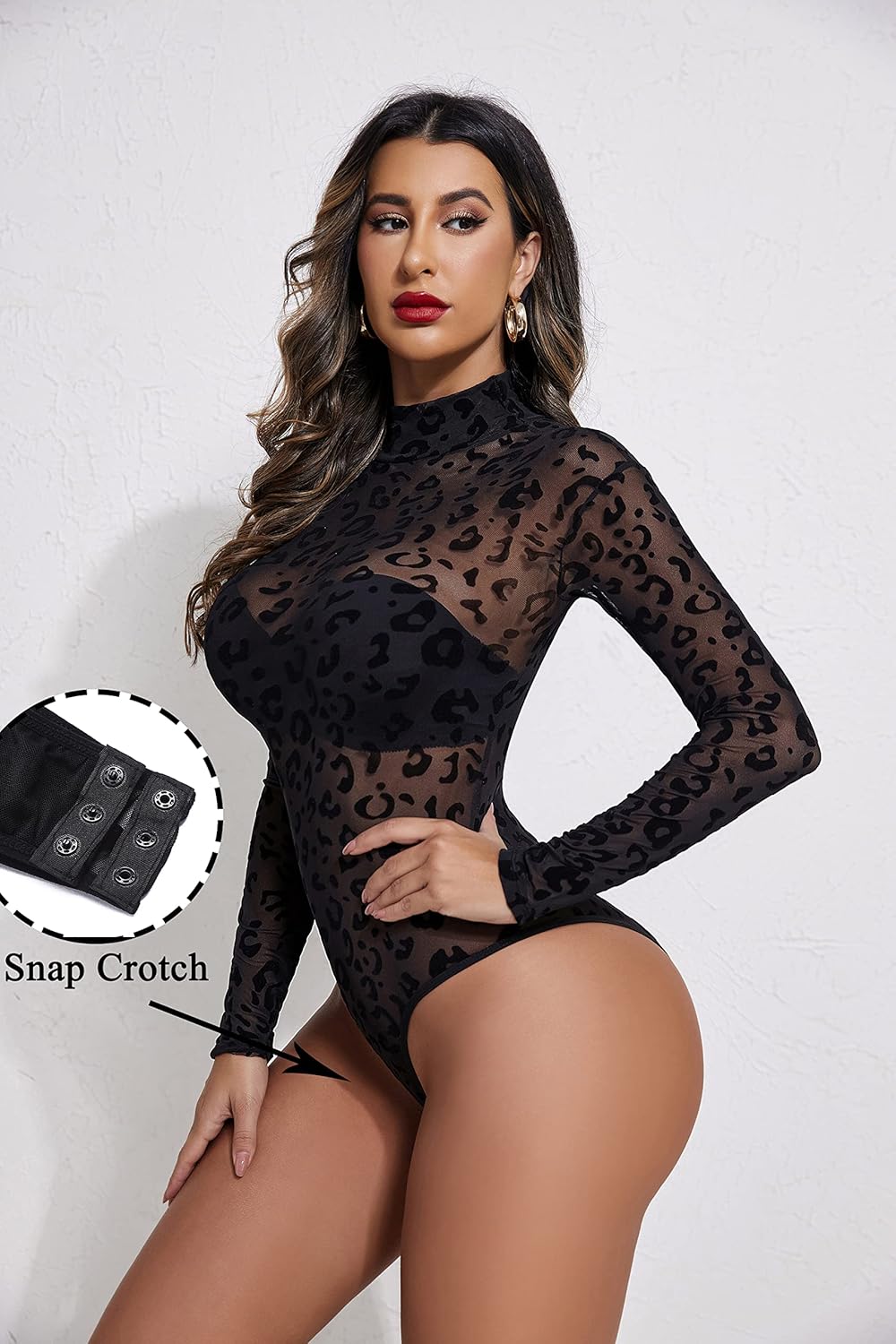 Avidlove Long Sleeve Bodysuit for Women Turtleneck Sheer Mesh Bodysuit Geo Print Leotards - Image 2