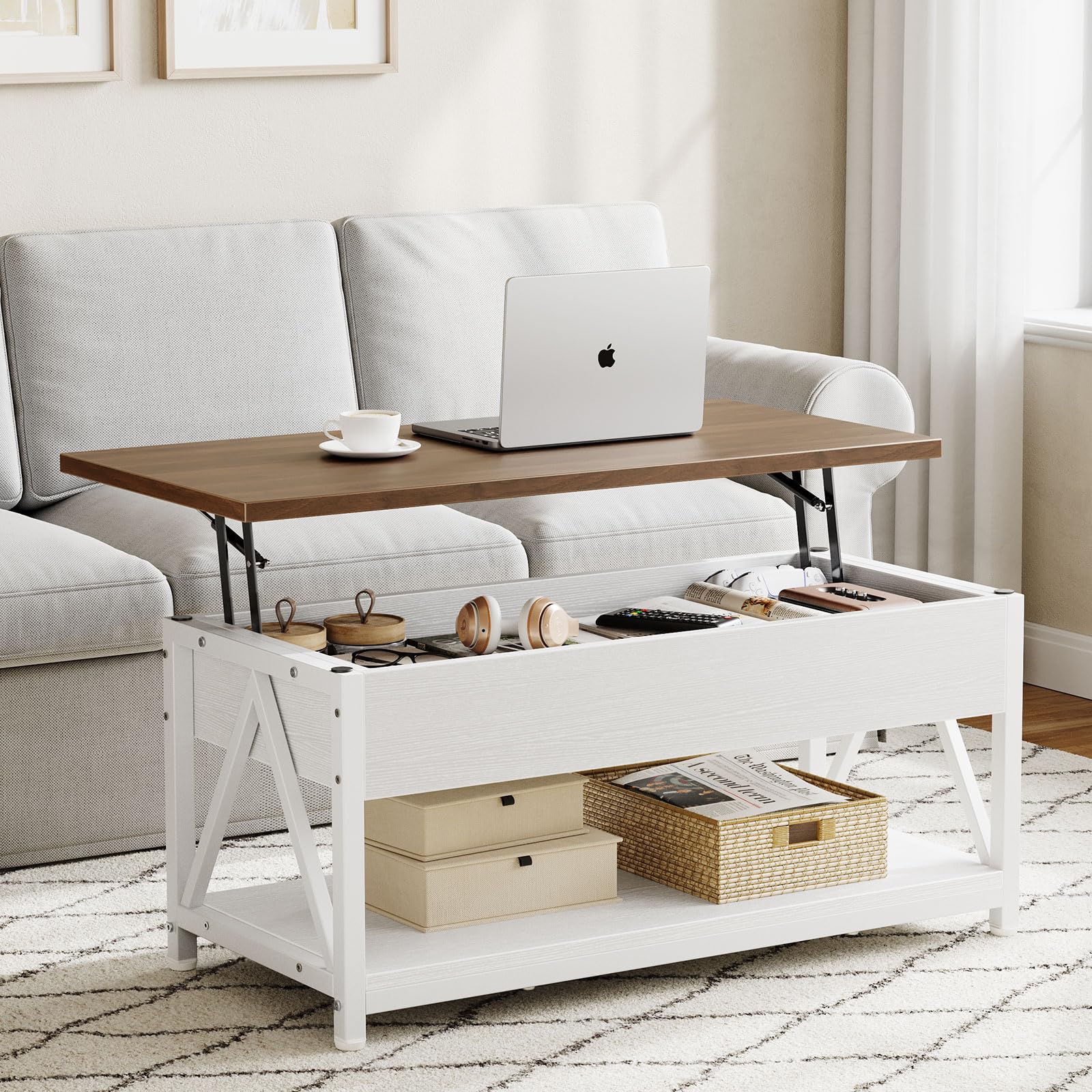 Memobarco Lift Top Coffee Table,Lift Coffee Tables with Storage Shelf and Large Hidden Compartment for Living Room,Lift Tabletop Dining Center Table