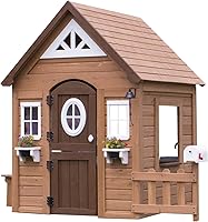 Backyard Discovery Aspen Cedar Wooden Kids Playhouse with Play Kitchen, Snack Bar, Dutch Door & More