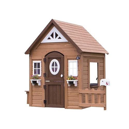 Aspen Cedar Wooden Kids Playhouse Cottage with Play Kitchen, Snack