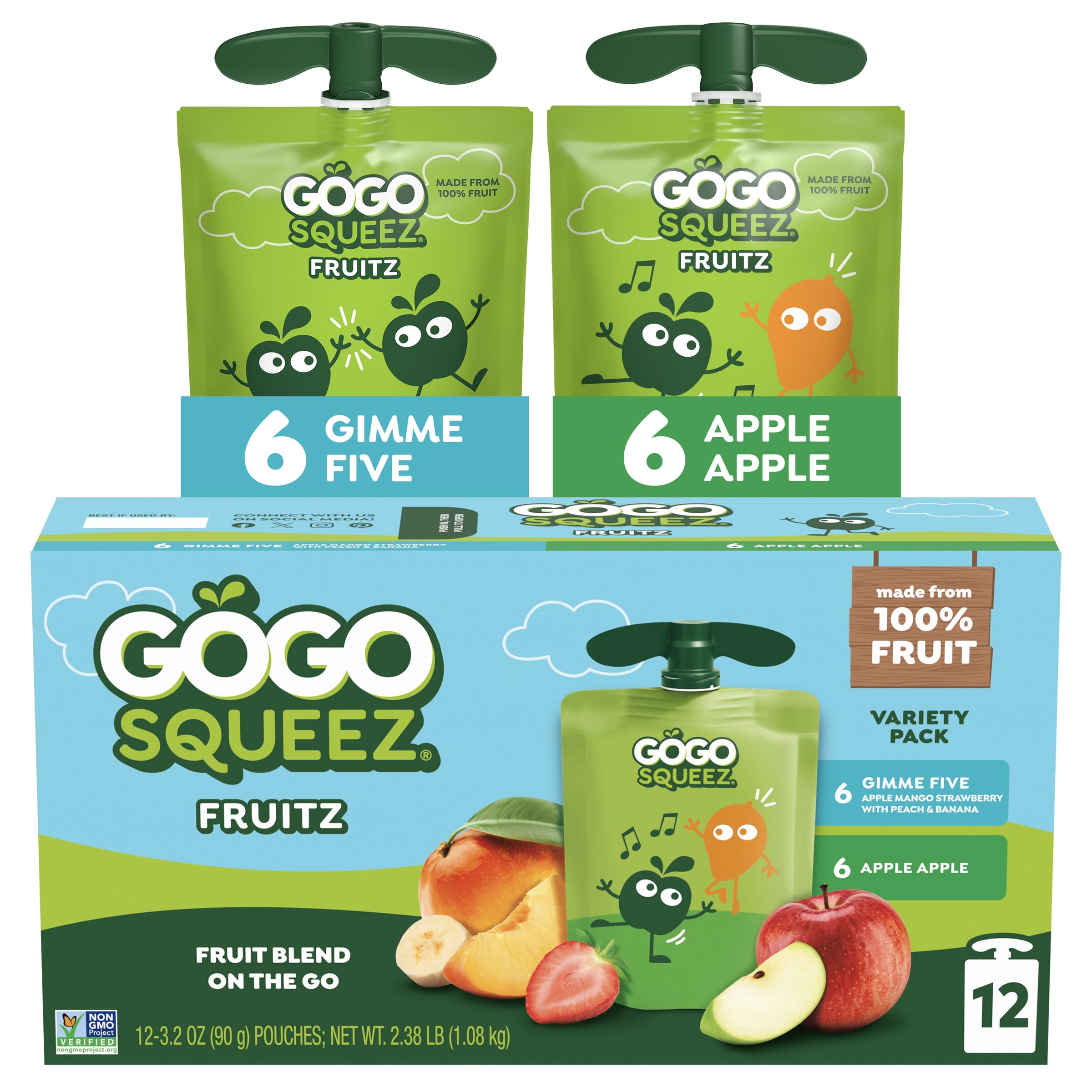GoGo squeeZ Applesauce and Fruit Puree Variety Pack, Apple & Gimme Five!, 3.2 oz (Pack of 12), Unsweetened Fruit Snacks for Kids, Gluten Free, Nut Free, BPA Free Pouches (Packaging May Vary)