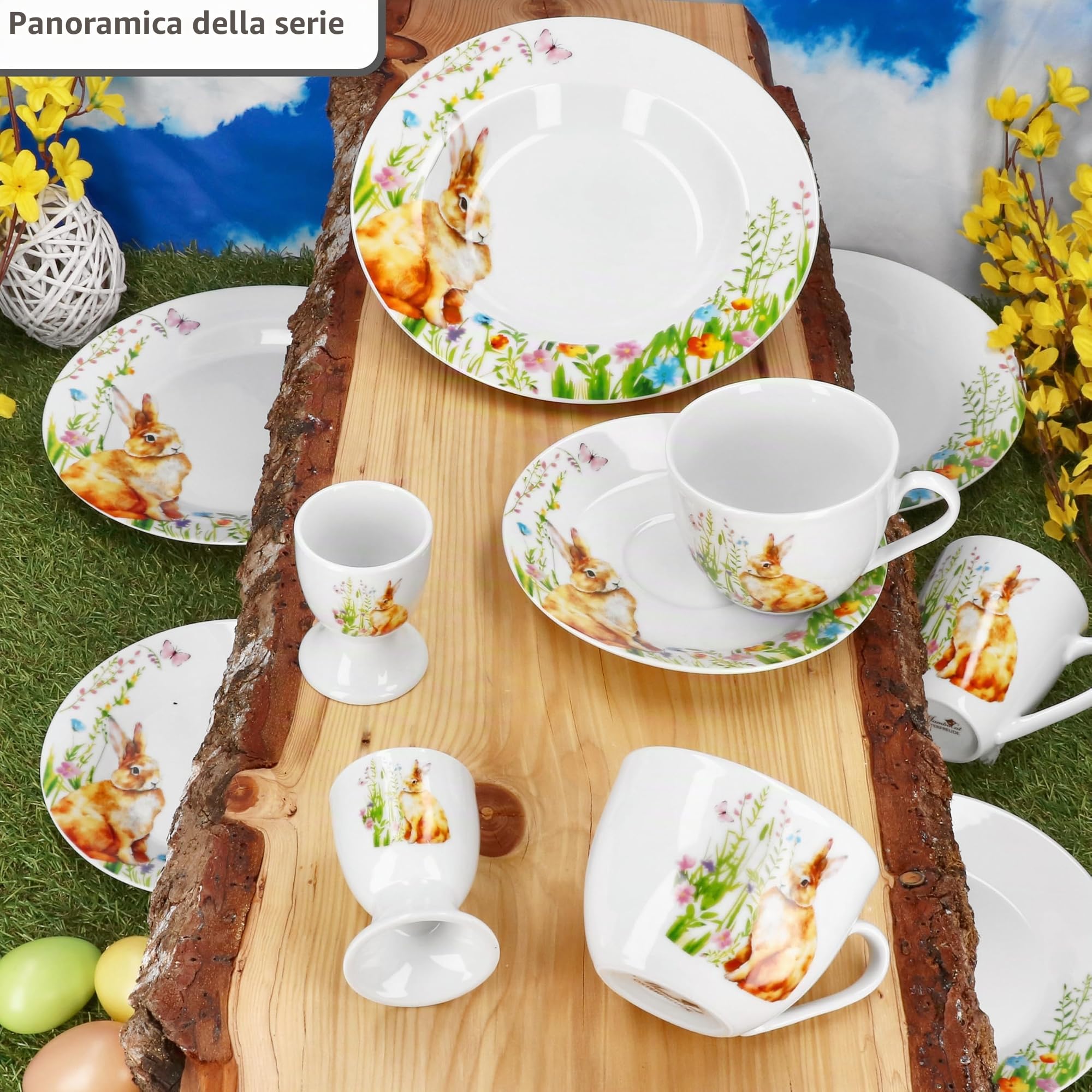 MamboCat Set di 6 piatti piani Osterfreude I Ø 27 cm I piatti in porcellana primaverile con decorazione coniglietto pasquale per 6 persone, piatti grandi per pasti principali, grigliate e così via.