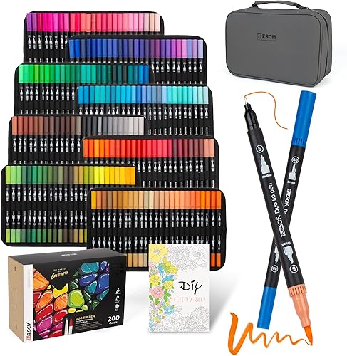 Marcadores de 200 colores para adultos, sin sangrado, bolígrafos artísticos de doble punta, marcador de colorear fino y pincel para caligrafía de