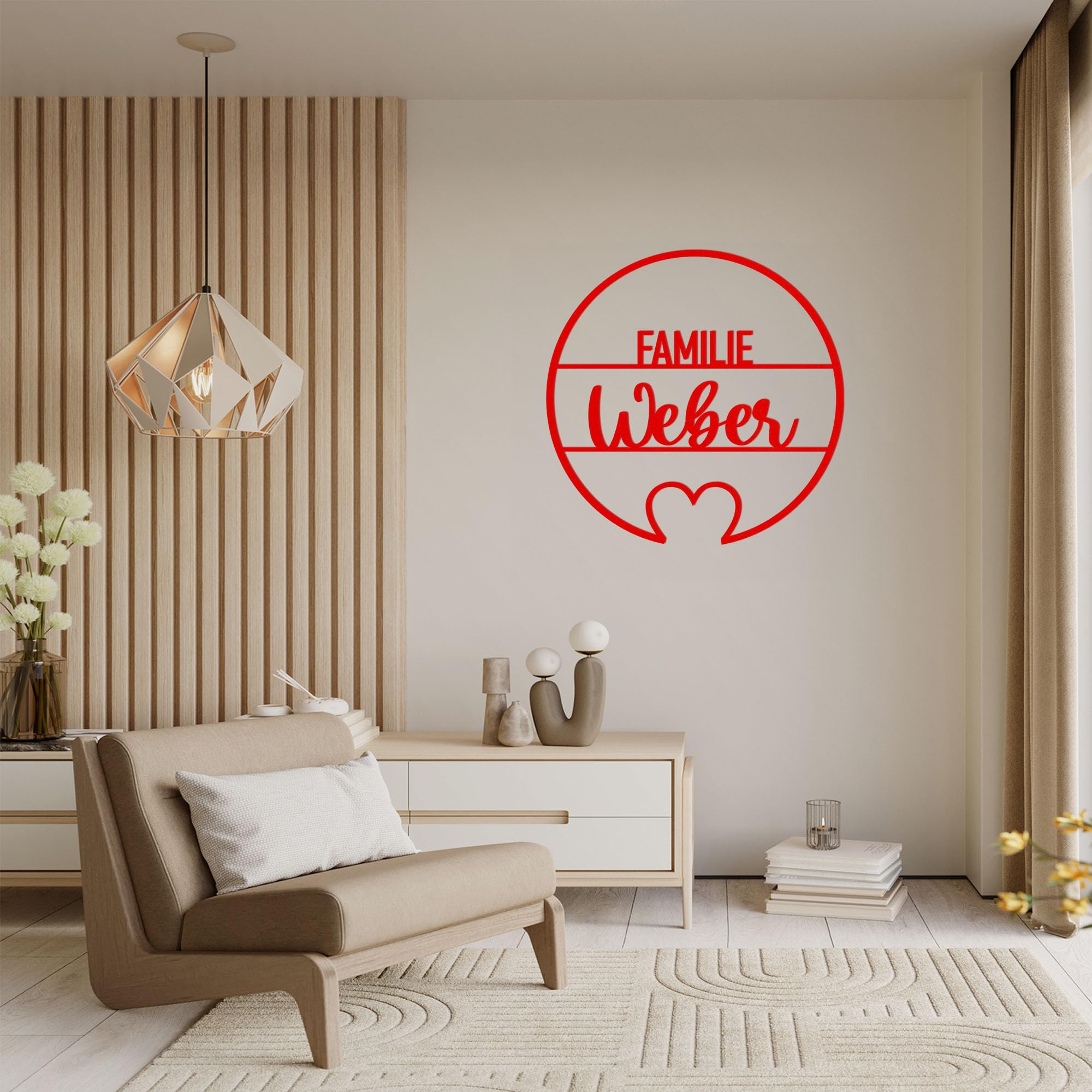 INDIGOS UG - Plaque de porte en aluminium composite - Cercle cœur - Rouge - 110 cm - Nom au choix - Plaque nominative, plaque de porte d'entrée - Texte personnalisé - Plaque pour famille, amis, cadeau