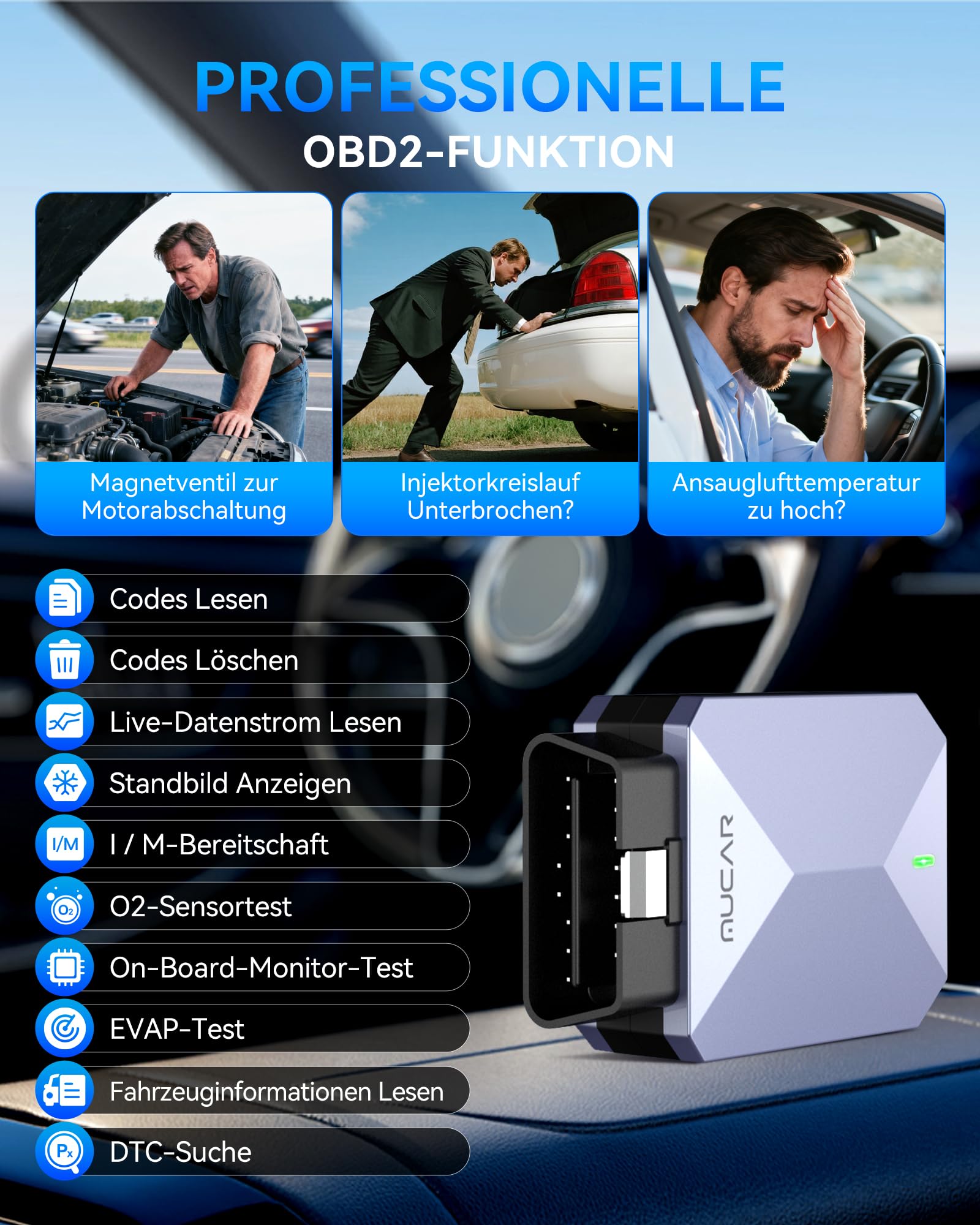 MUCAR BT200 MAX AI-Hilfsfunktion OBD2 Bluetooth Adapter, OBD2 Diagnosegerät Unterstützung ELM327, Auto Auslesegerät Mit Volle System+15 Reset, Für iOS&Android/Aktives Testen/CANFD-Kostenlose Updates