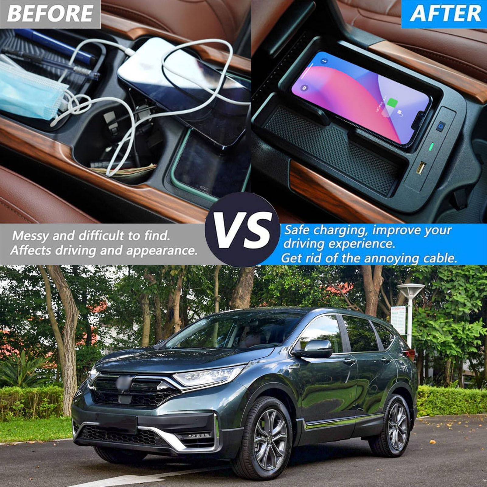 Cargador Inalámbrico para Coche con Carga Rápida Inalámbrica De 10w Y USB Qc3.0 para Hon-da CRV (2017-2022), Todos Los Modelos, Panel De Accesorios para Consola Central