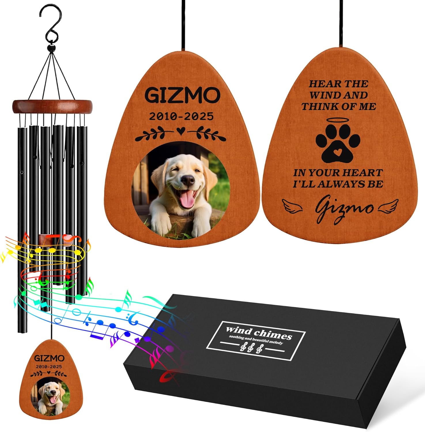 Personalized Pet Memorial Wind Chimes with Photo Pet Memorial Gifts for Dogs Pet Bereavement Gifts Custom 25.5 Inch Wind Chimes for Garden Patio for Loss of Dog Cat Puppy (Black, Design 4)