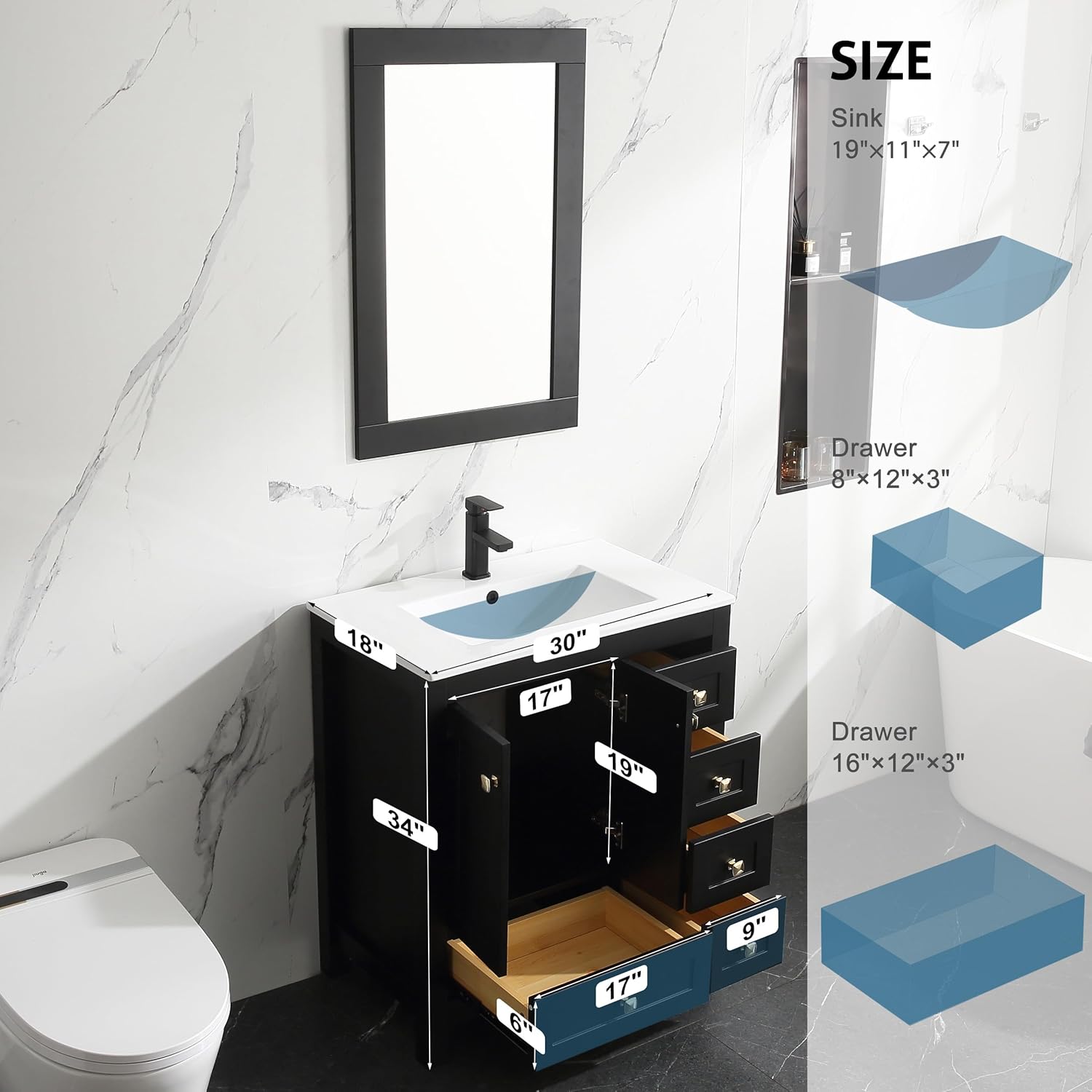 30 Inch Black Single Bathroom Vanity Base with Storage