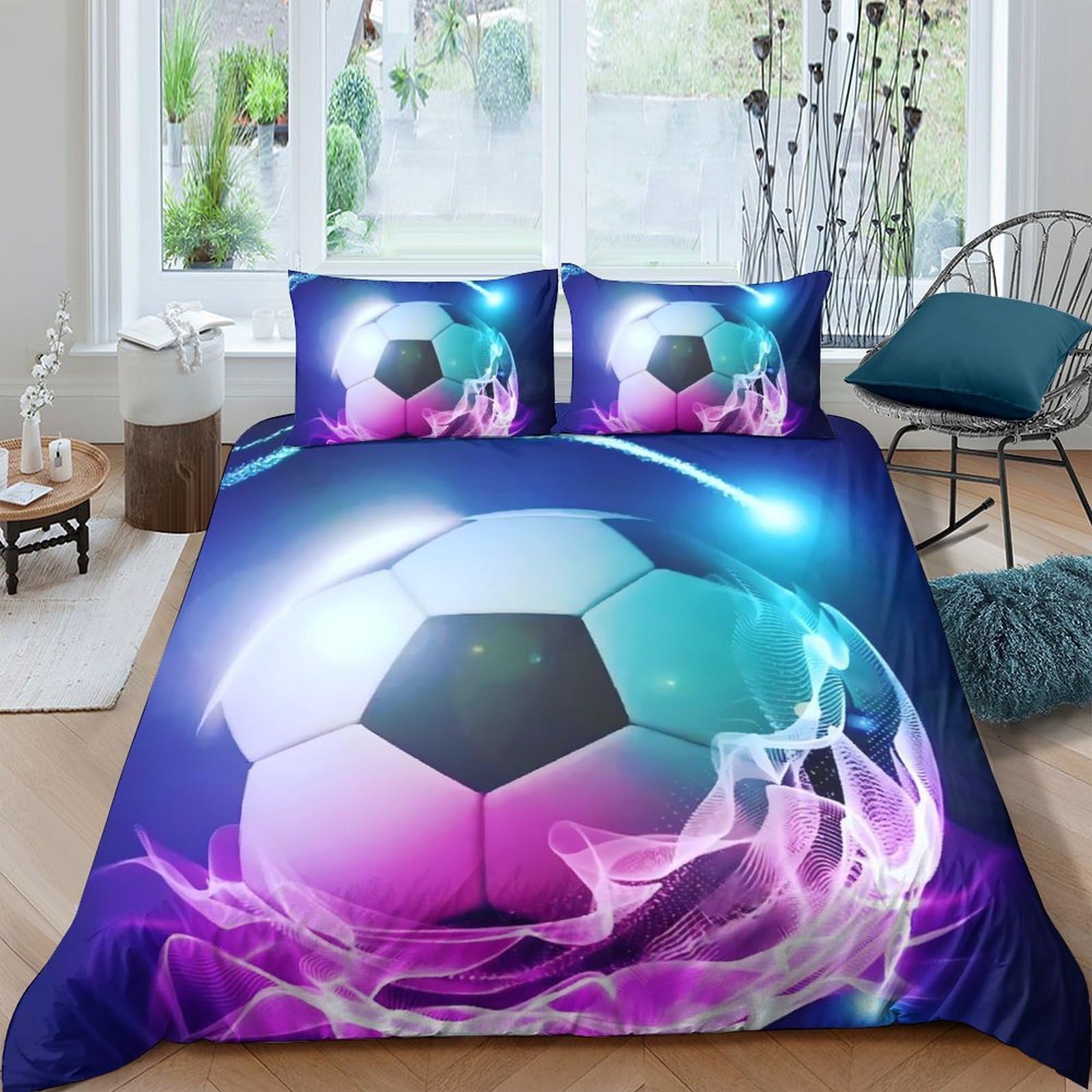 GPLZQXKJNH 3D Printed Soccer Ball Duvet Cover Microfiber Soft Breathable Futuristic Bedding Set with 2 Pillowcases for Bedroom Decor Single（135x200cm）