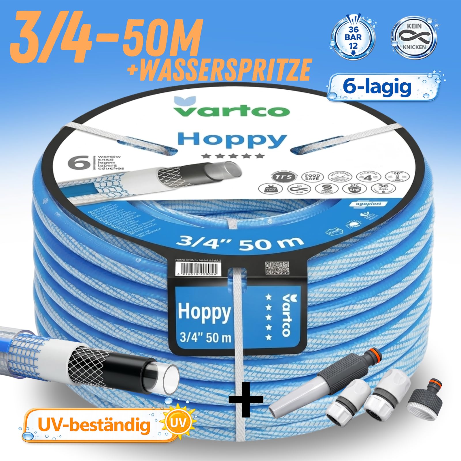 3/4 Zoll 50m Premium Gartenschlauch mit Anschlusssatz – 6-lagig TFS Anti-Knick-System flexibel & robust hoher Durchfluss UV-beständig algenresistent -25°C bis +60°C
