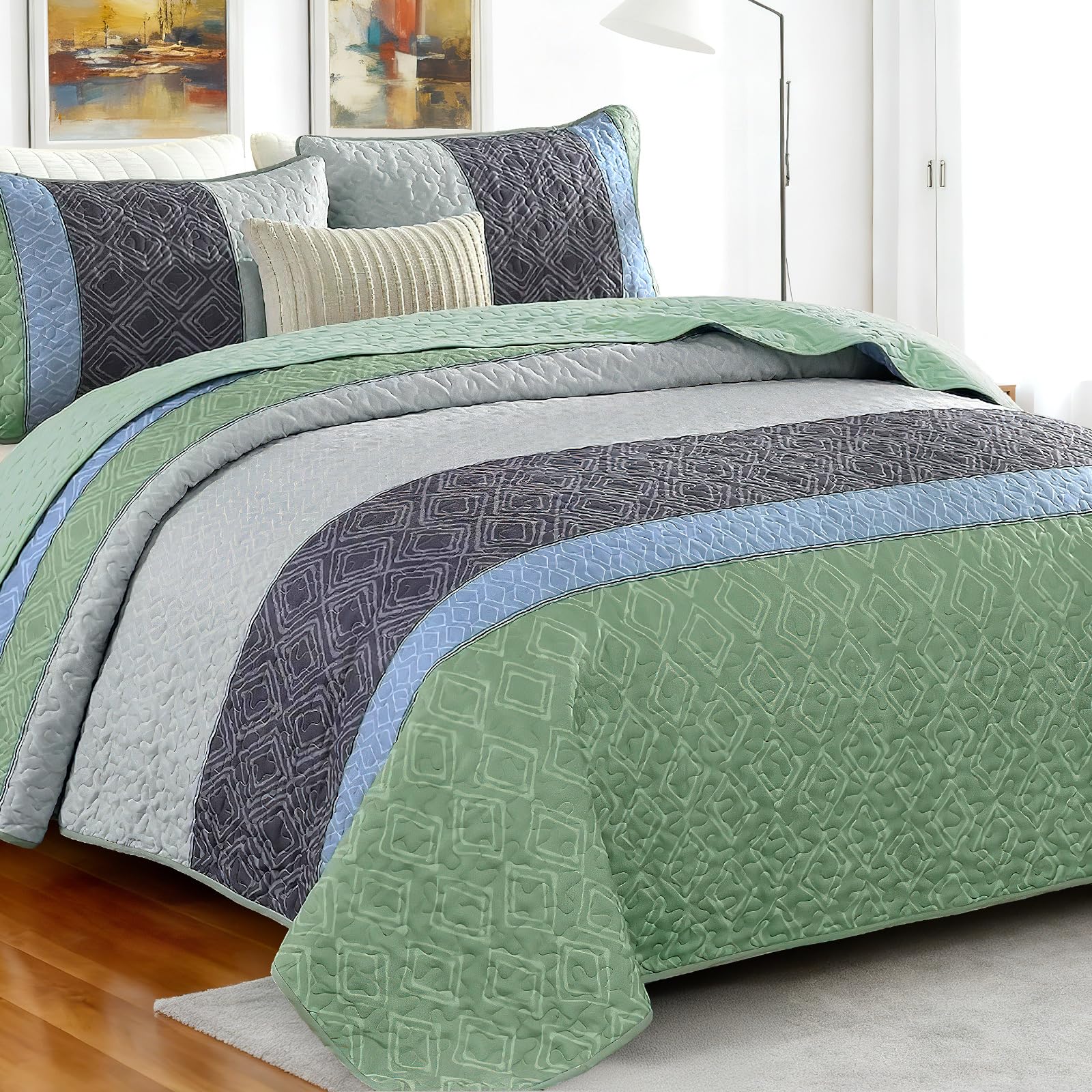 Xaztr Double Quilted Bedspread Set, 200 x 200 cm, Green Striped Design