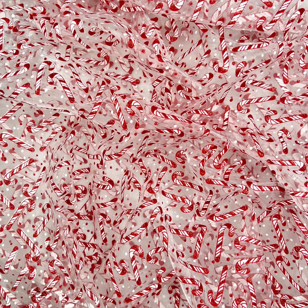 Oh Sew Crafty Limited Multi Christmas Foil Organza Fabric Scattered Festive Candy Canes Xmas - Per Metre