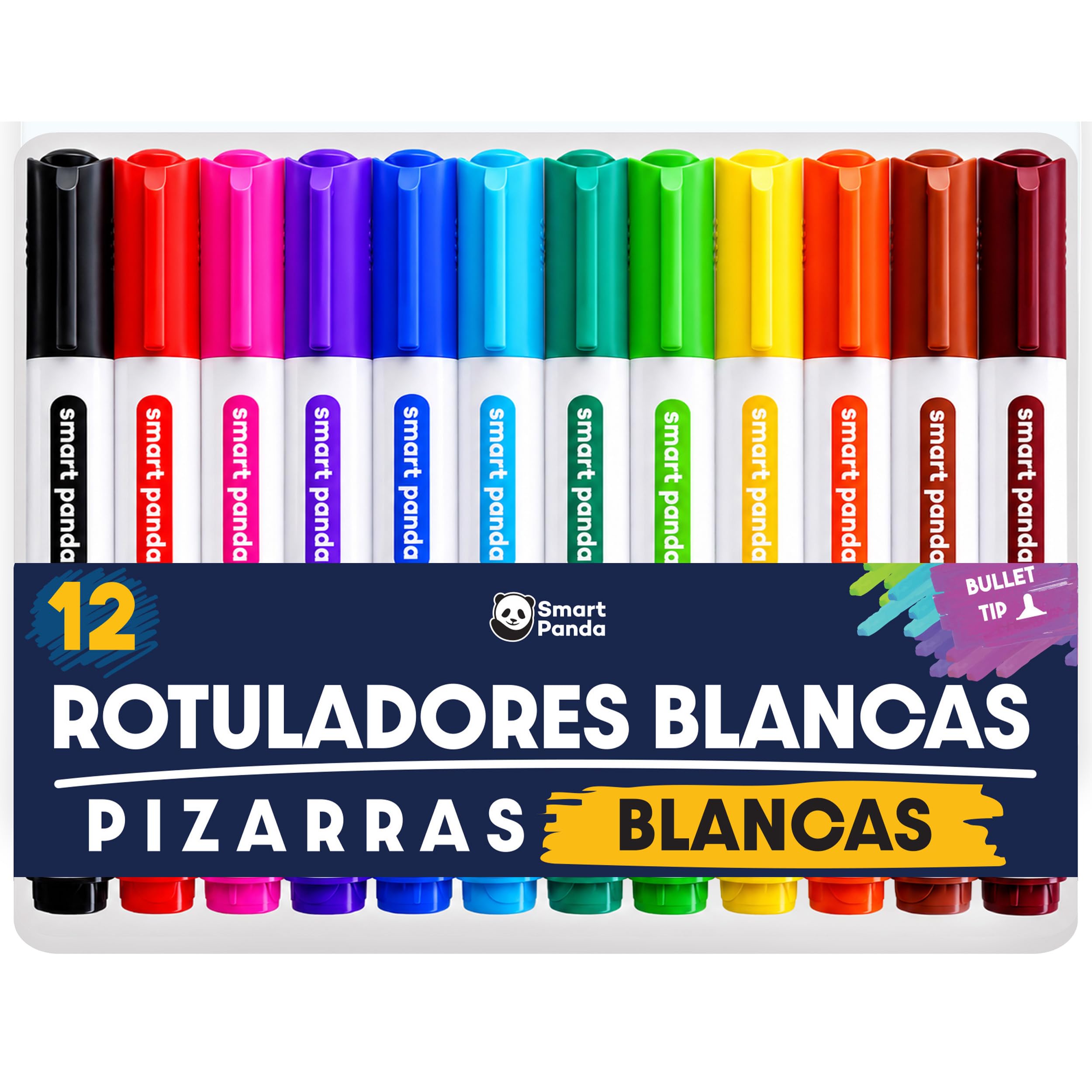 Rotuladores para Pizarra Blanca de SmartPanda – Punta de Bala – Borrado Seco, Ideal para el Hogar, Escuela u Oficina – Juego de 12 Colores Variados