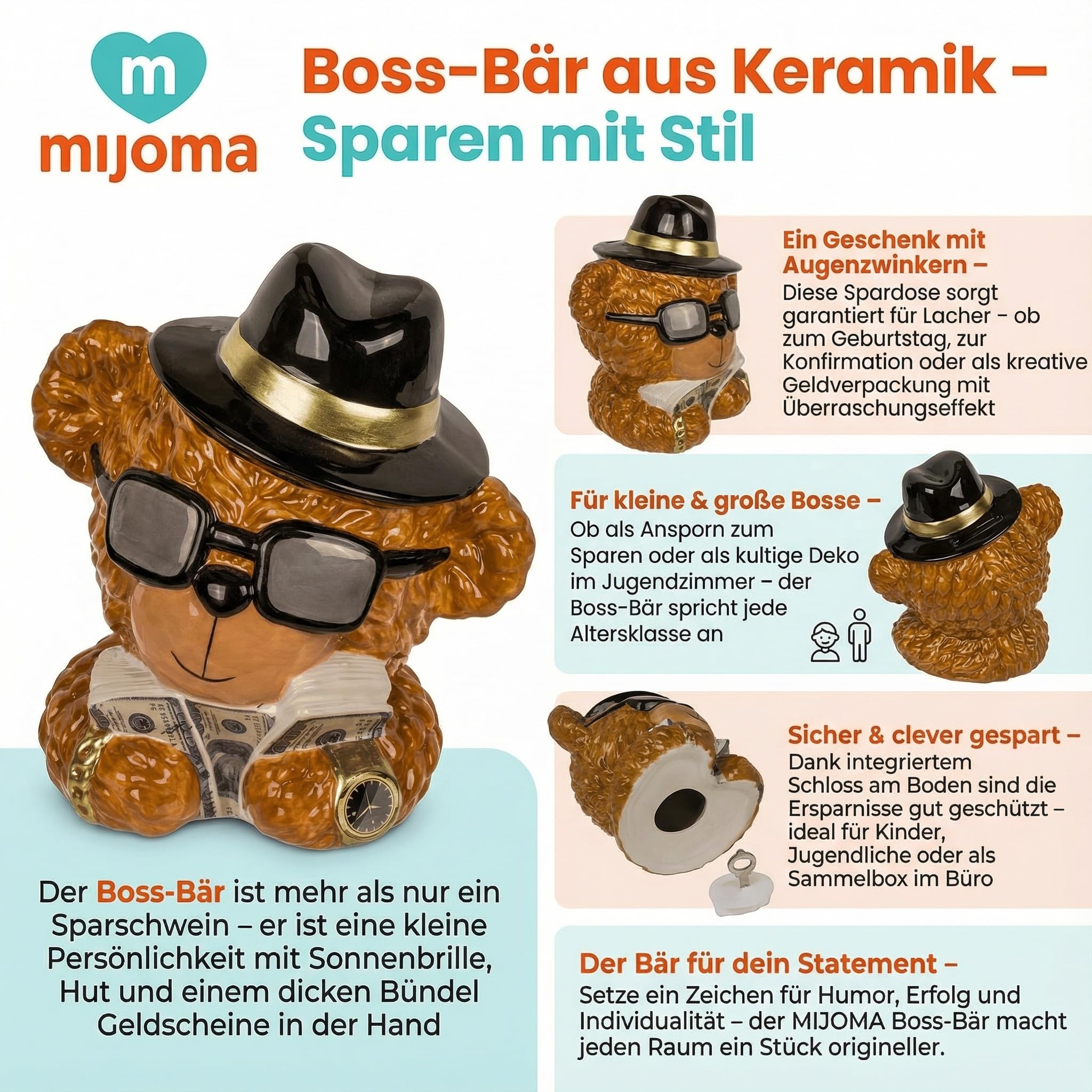 MIJOMA Skarbonka z ceramiki – zabawny pomysł na prezent pieniężny dla dorosłych i dzieci – niedźwiedź z okularami przeciwsłonecznymi, kapeluszem i pieniędzmi – 15 x 15 cm – z zamkiem