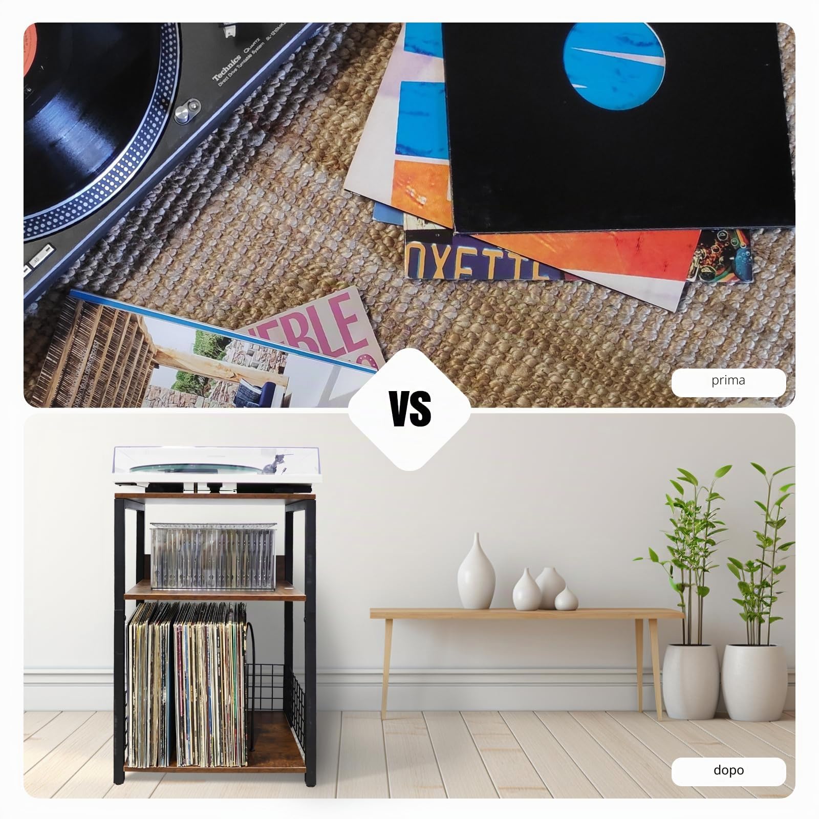 MayRecords Supporto per giradischi, tavolino con 3 ripiani in vinile, supporto per riporre fino a 100 album, supporto marrone per soggiorno, camera da letto