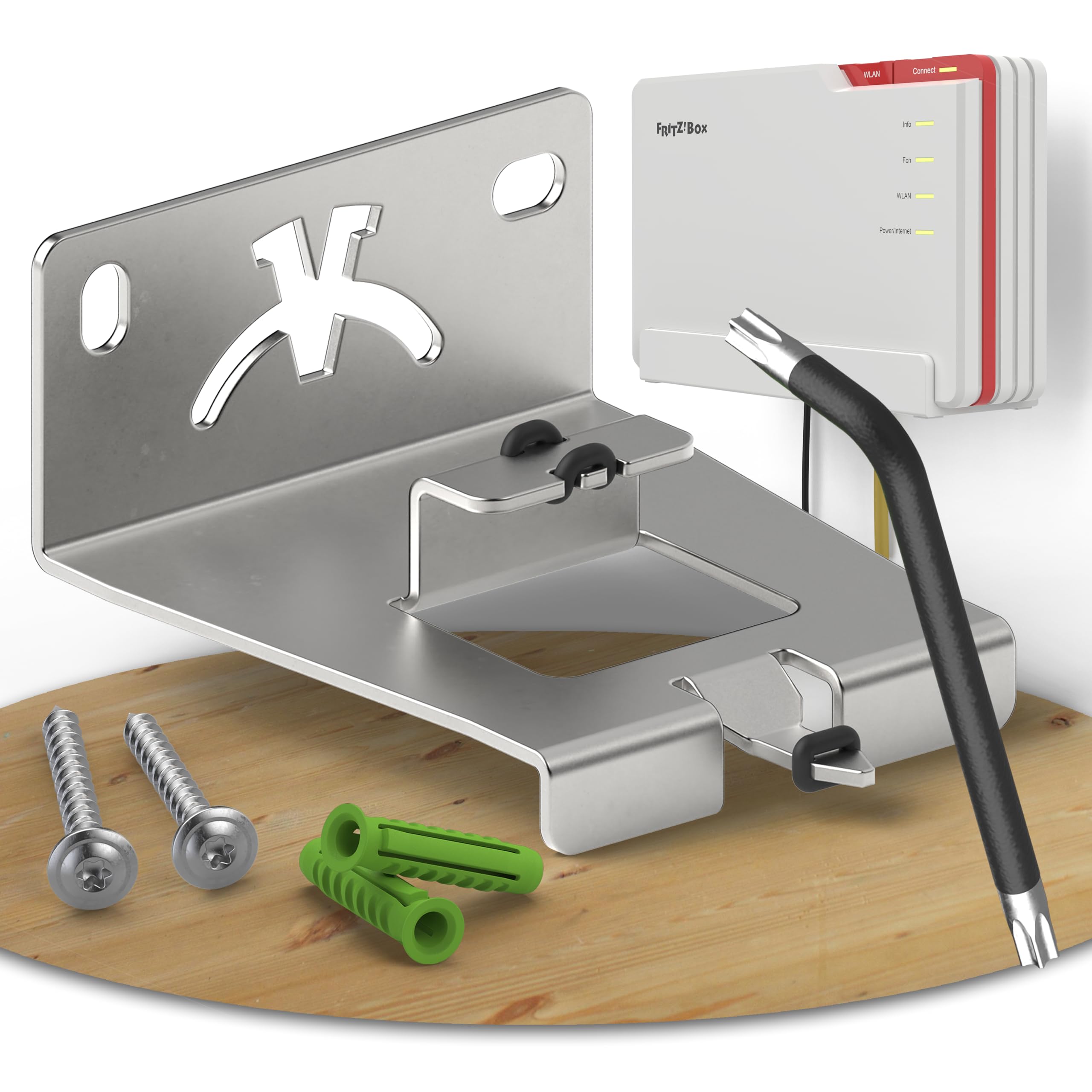 Fritzbox 5690 pro Wandhalterung | Edelstahl Router Wandhalterung geeignet für Fritzbox 5690 Pro | Fritzbox Wandhalterung inkl. Montagezubehör | Wandhalterung Fritzbox 5690 Pro aus deutscher Produktion